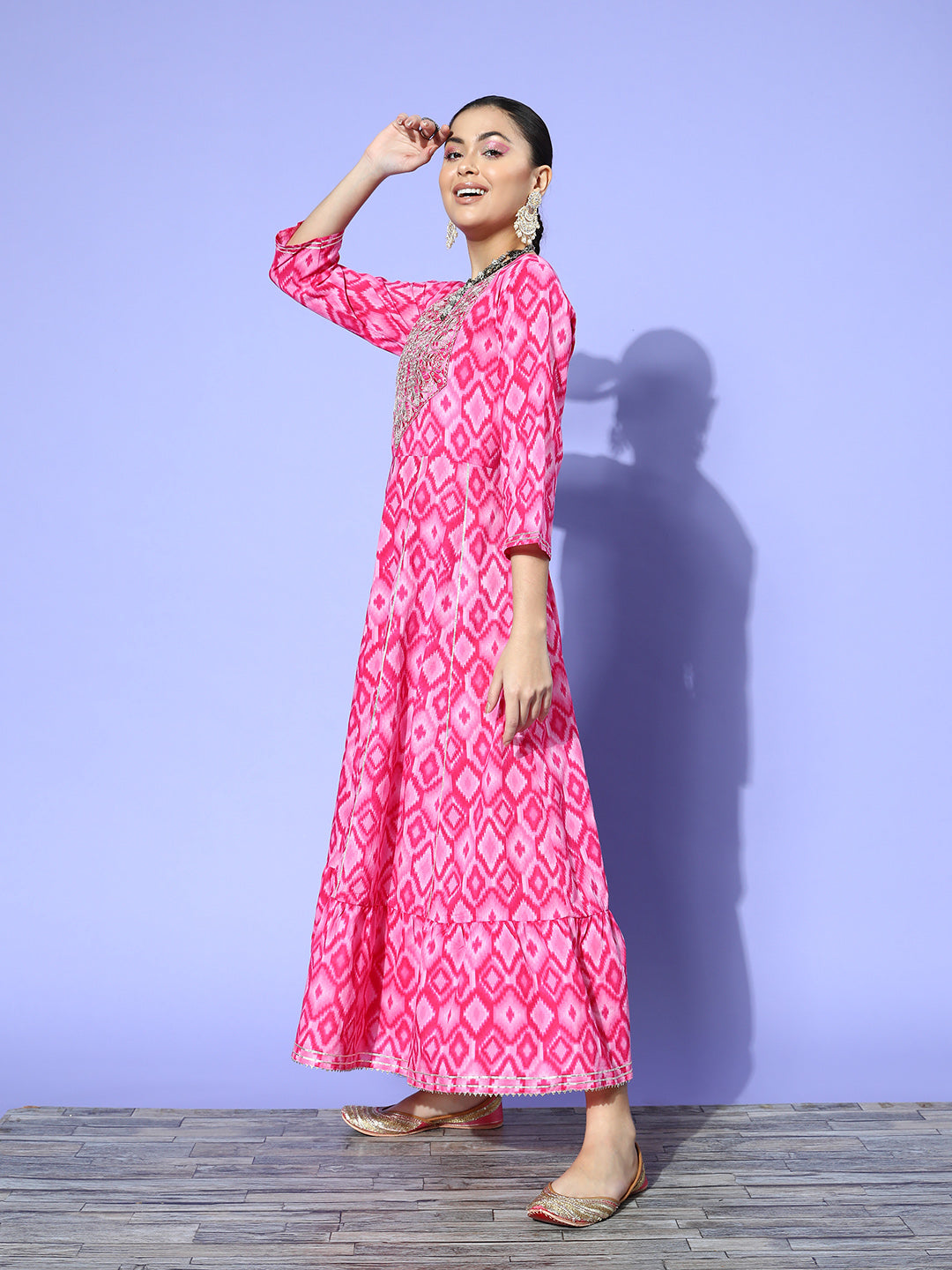 InWeave Women's Abstract Pink Print Long Dress With Work
