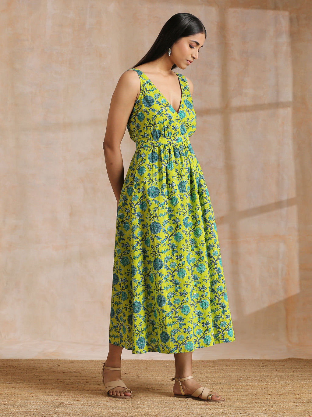 trueBrowns Lime Green Overall Teal Floral Block Print Cotton Sleeveless Wrap Dress