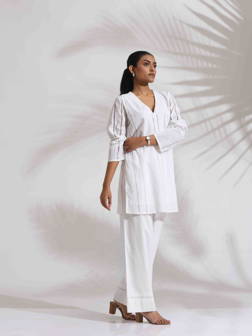 trueBrowns White Cotton Schiffli Co-ord Set