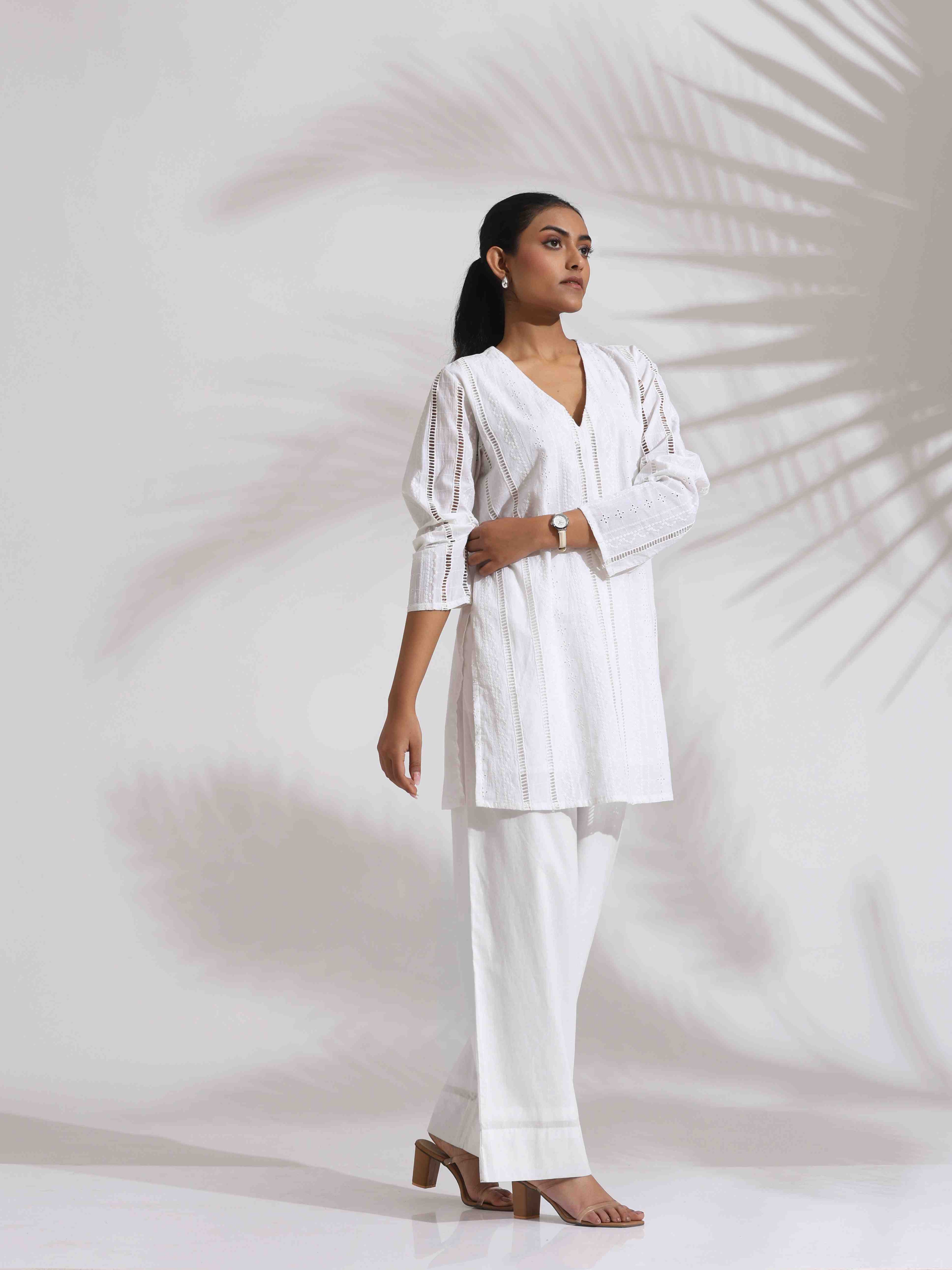 trueBrowns White Cotton Schiffli Co-ord Set
