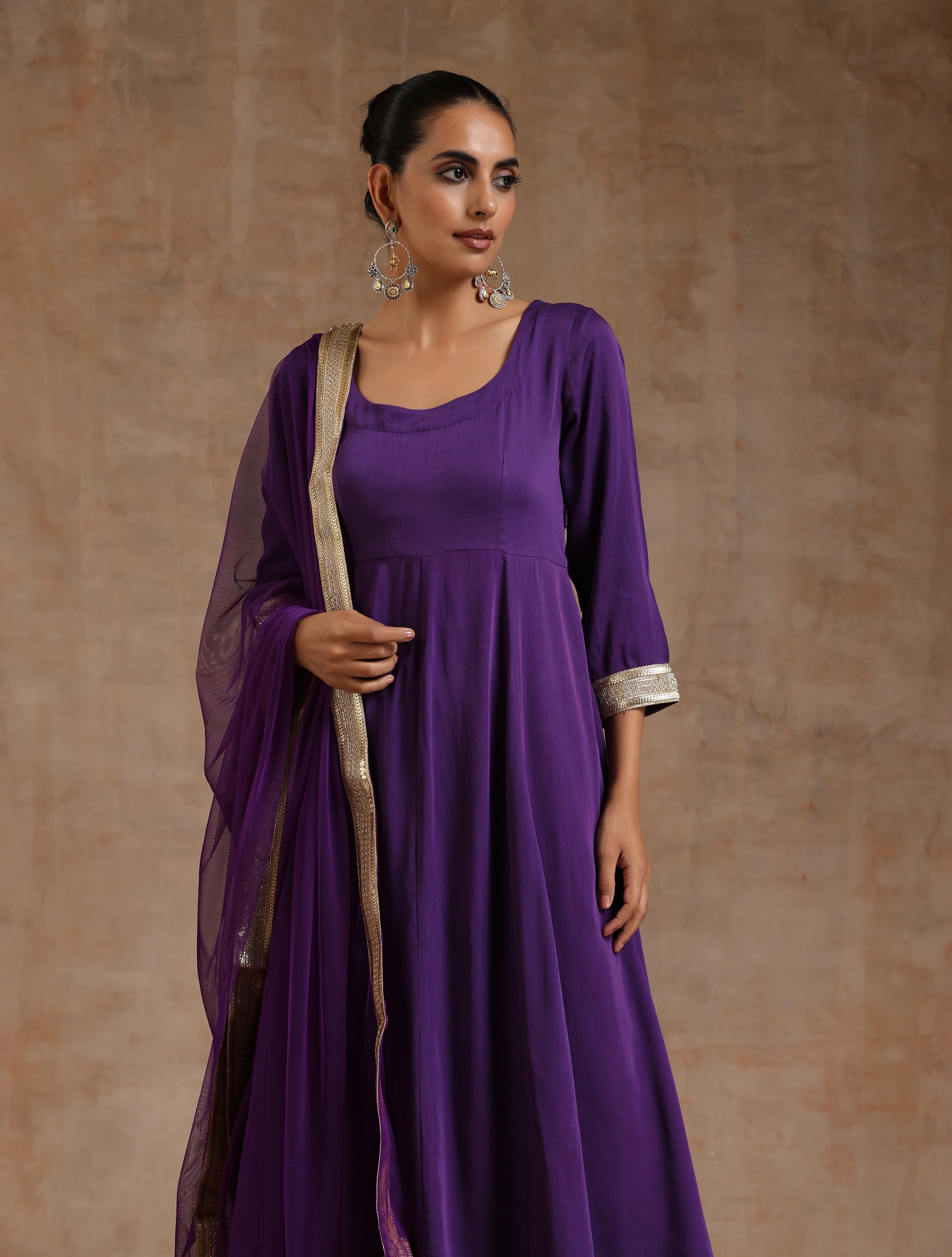 trueBrowns Violet Modal Satin Anarkali Set
