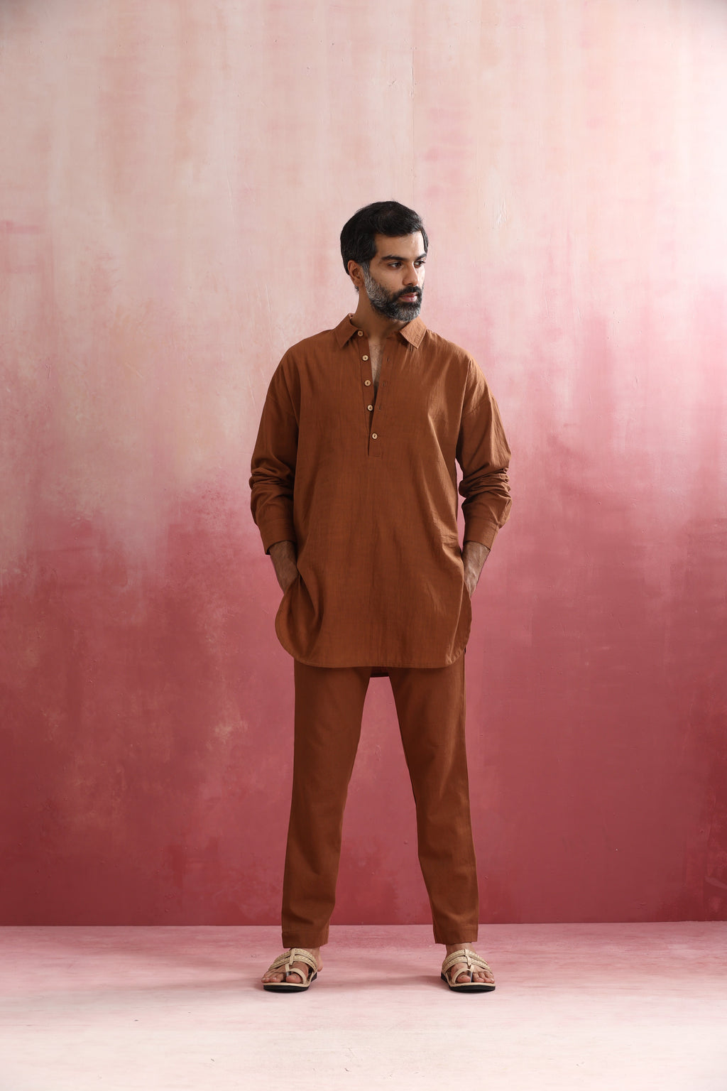 trueBrowns Men's Brown Cotton Shirt Collar Stylized Kurta Co-ord set