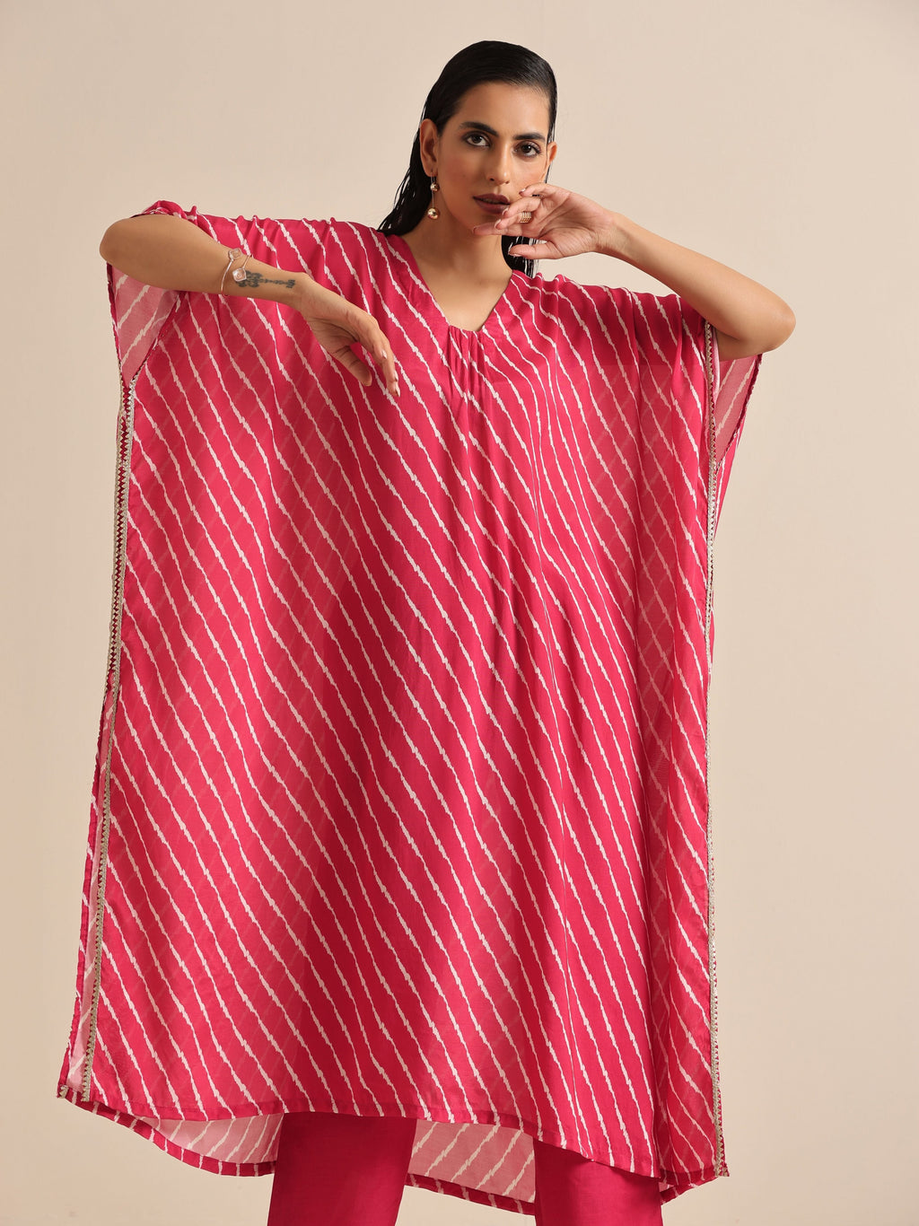 trueBrowns Pink Lehariya Printed Silk Kaftan Pant Set