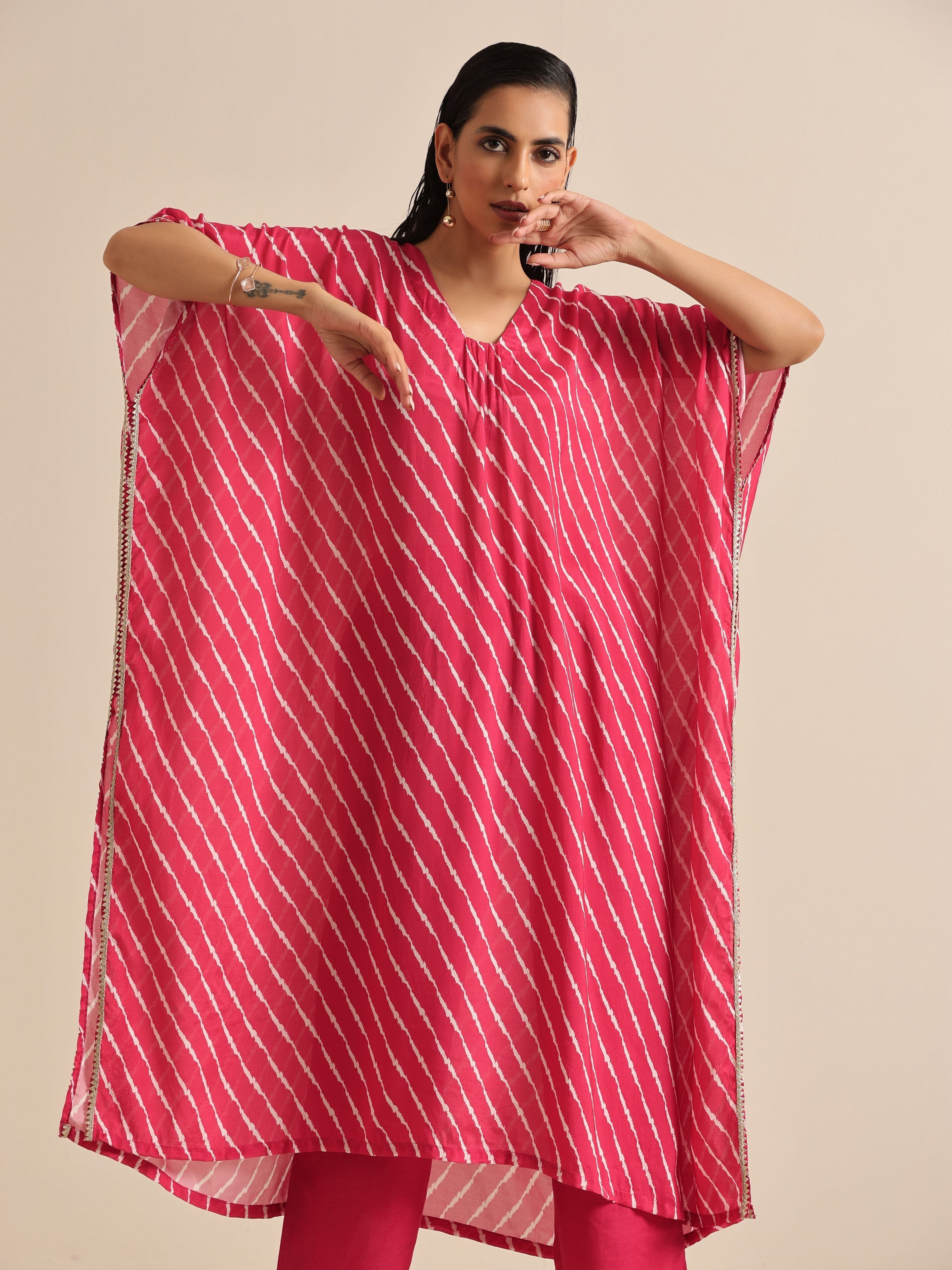 trueBrowns Pink Lehariya Printed Silk Kaftan Pant Set