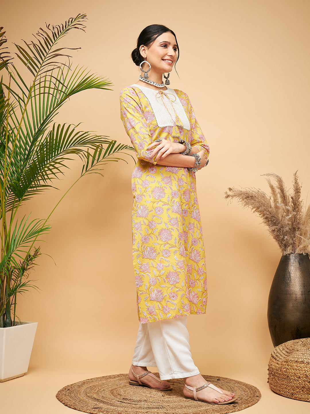 InWeave Women's Lime Pink Print Patch Cotton Straight Kurta Pant Set