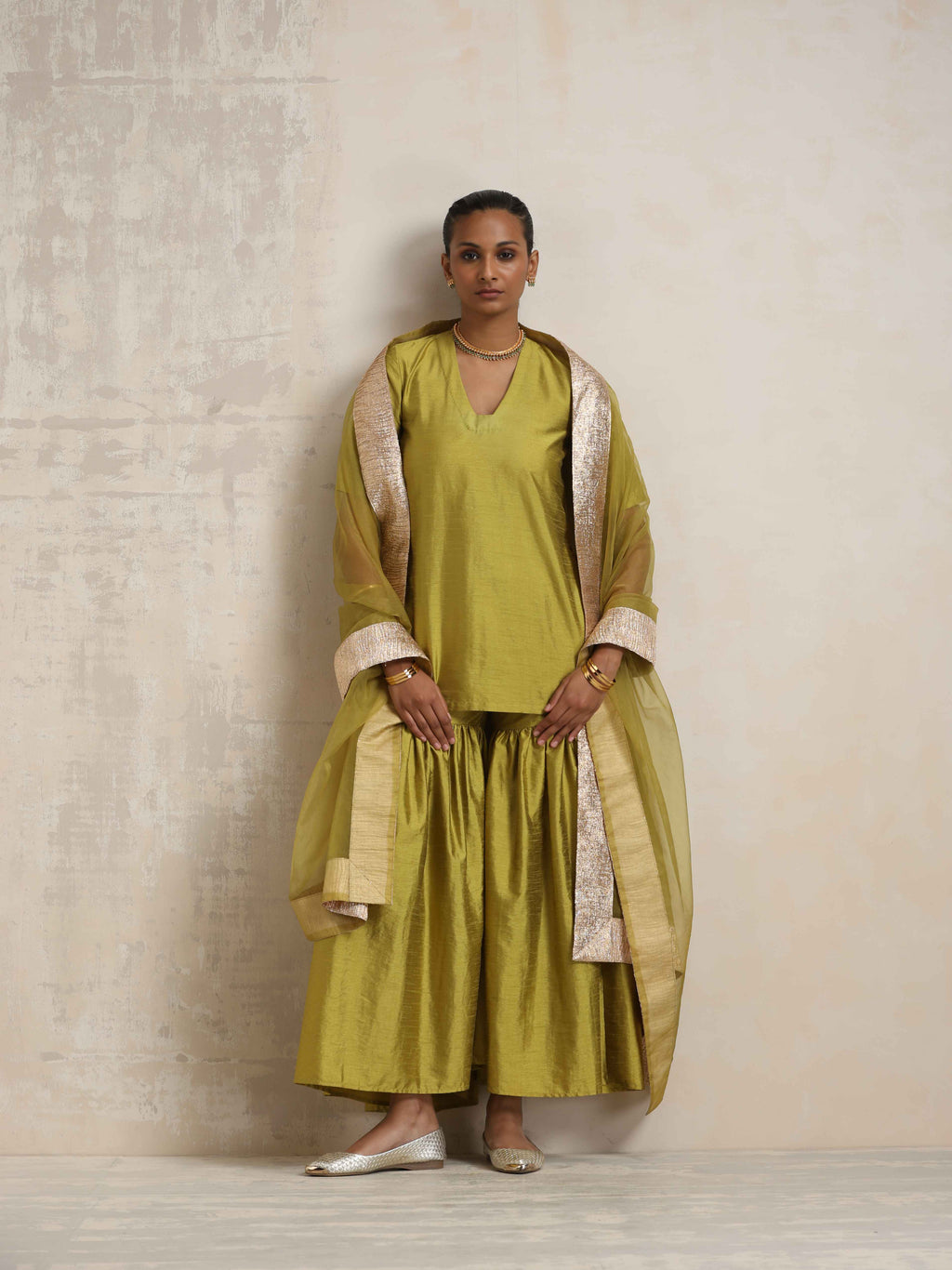 trueBrowns Green Silk Sharara Dupatta Set