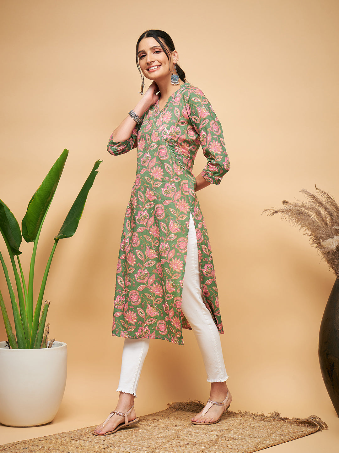 InWeave Women's Green Pink Floral Angrakha Straight Kurta