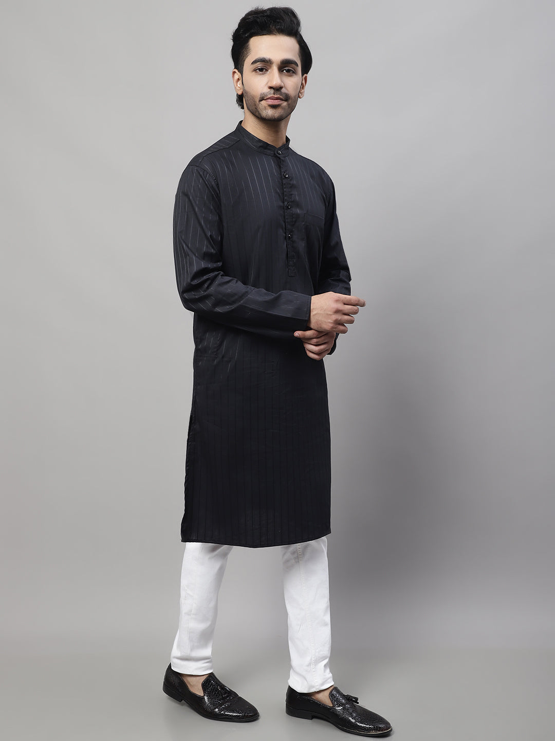 Even Apparels Black Pure Cotton Kurta With Band Collar