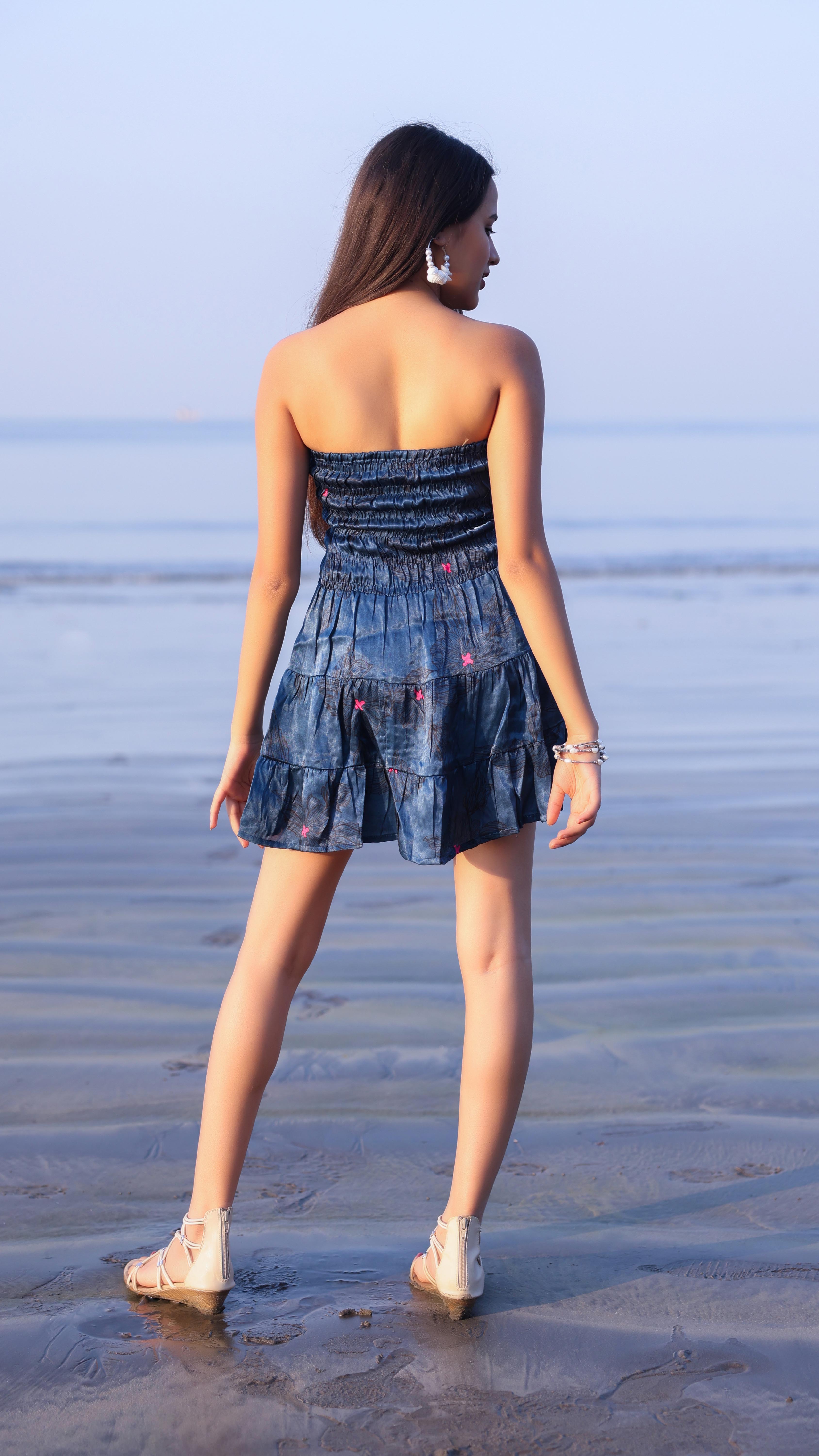 Noroke Modal Steel Blue Printed Mini Tiered Dress