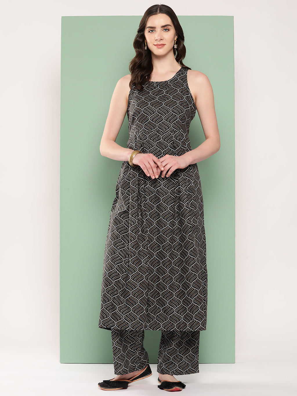 InWeave Women's Black Bandhej Print Raisa Back Detial Long Coords Set