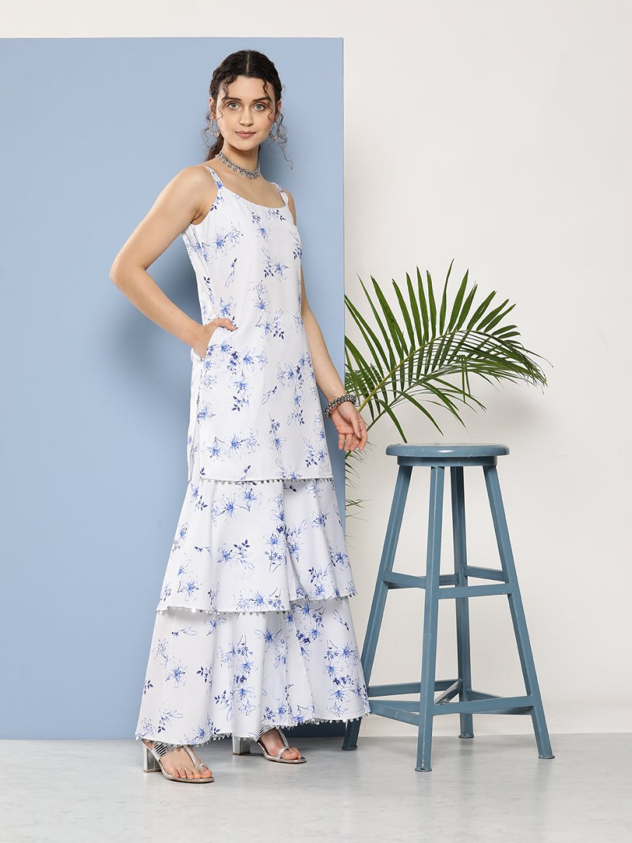 Ahalyaa Women White Floral Printed Sequinned Kurta with Sharara & With Dupatta