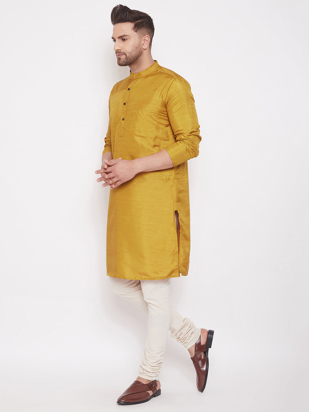 Even Apparels Mustard Yellow Pure Cotton Kurta With Band Collar