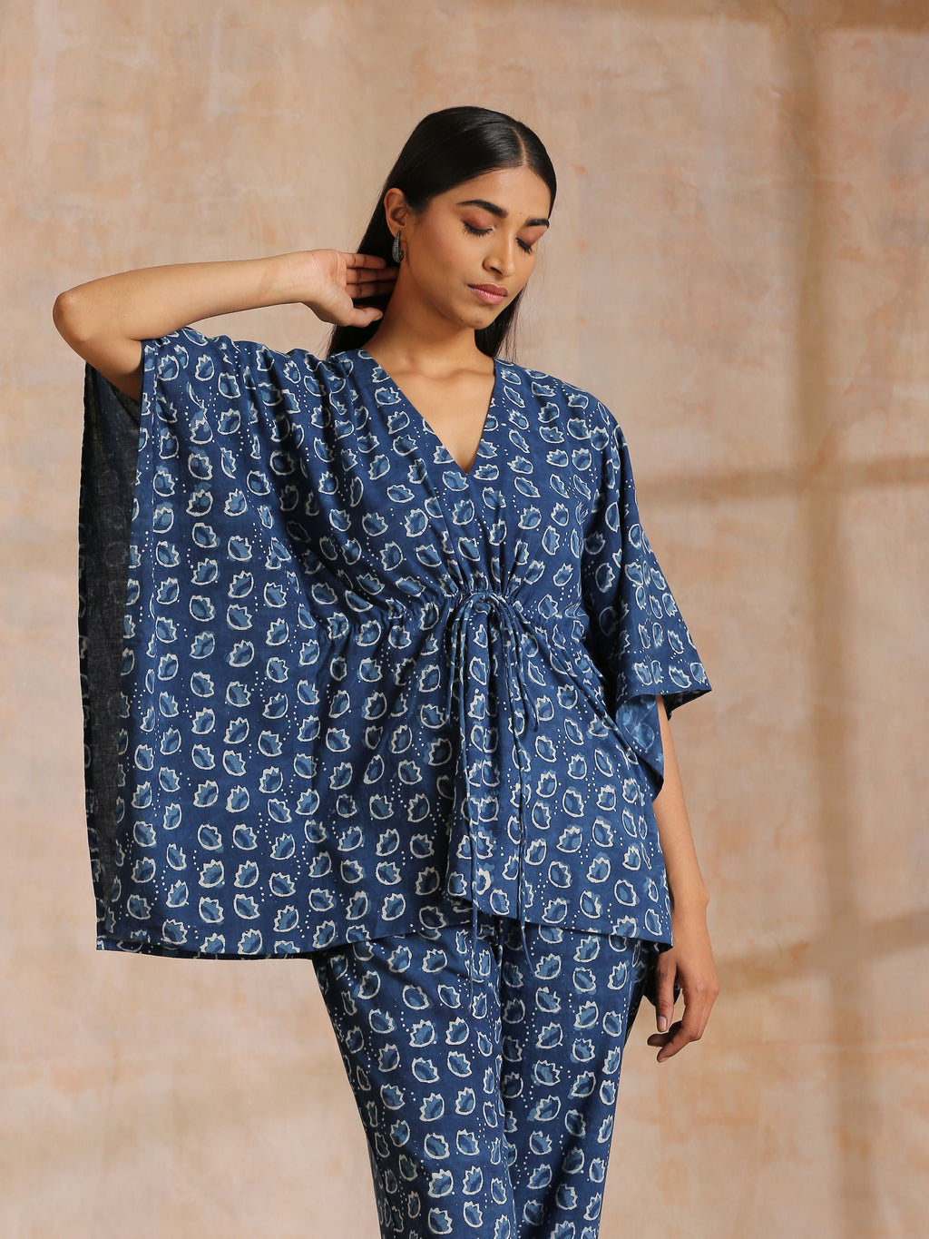 trueBrowns Indigo Dabu Floral Print Cotton Kaftan Co-Ord Set