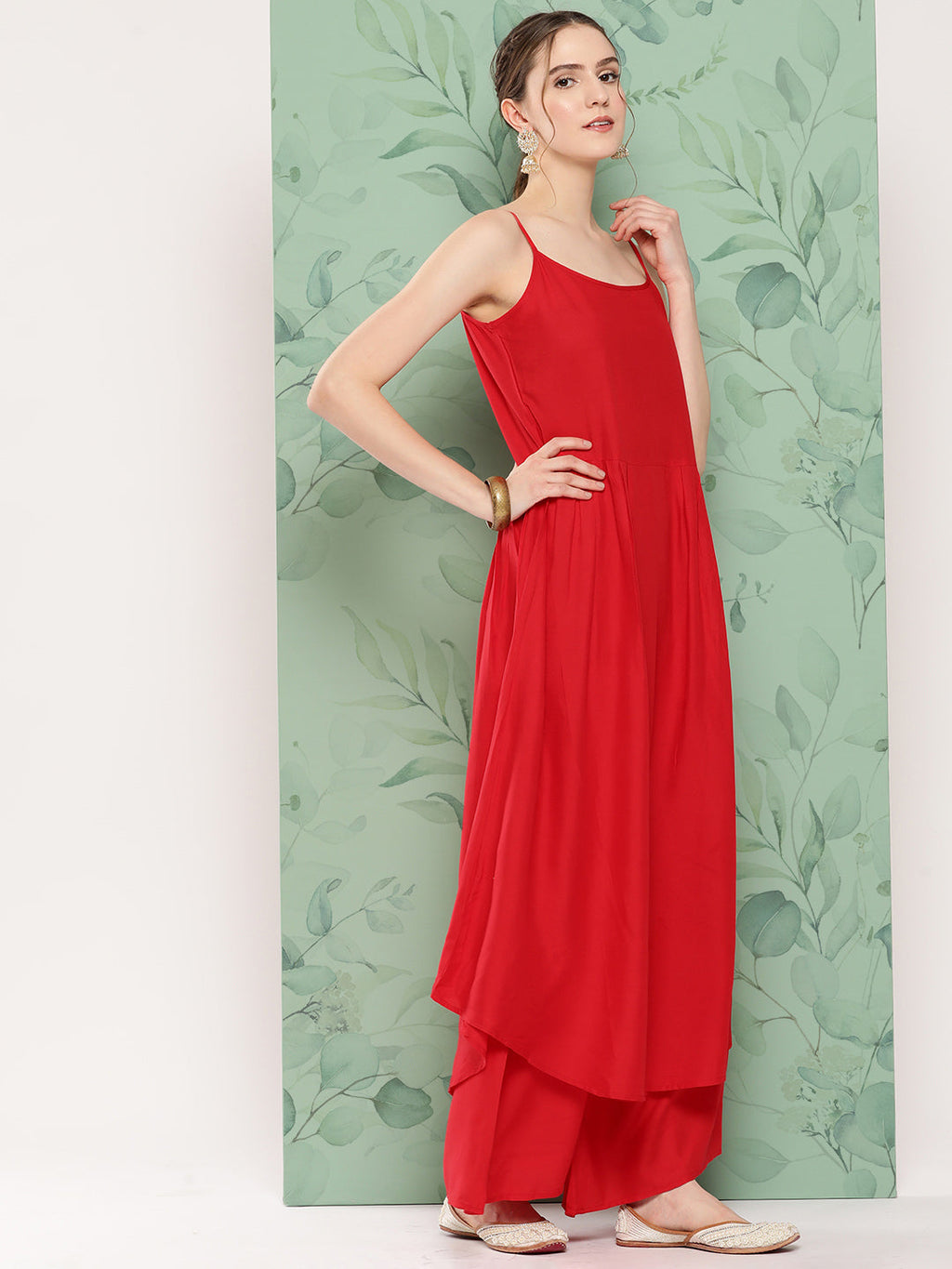 InWeave Women's Red Strappy Set W Camel Brown Or Duptta