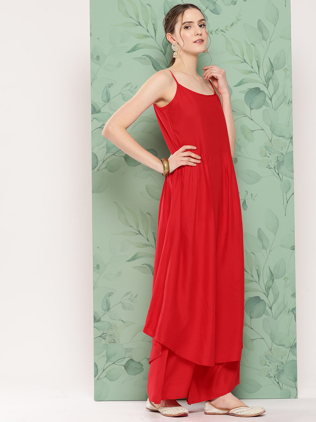 InWeave Women's Red Strappy Set W Camel Brown Or Duptta