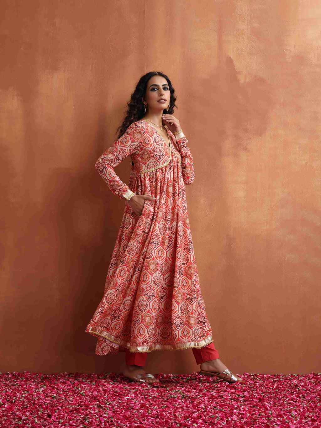 trueBrowns Beige Print Flared Anarkali Kurta Set