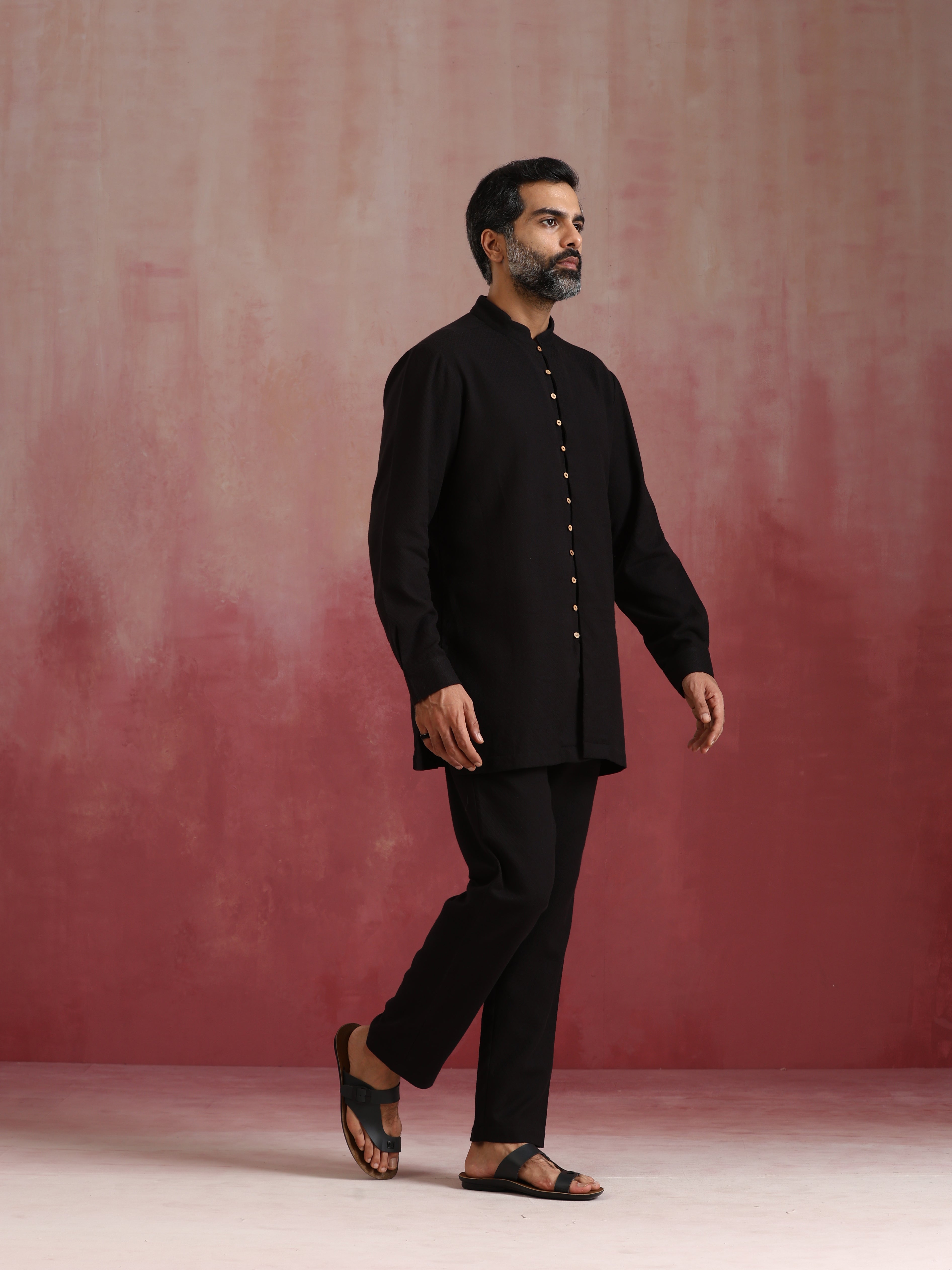 trueBrowns Men's Black Cotton Dobby Kurta Co-ord Set