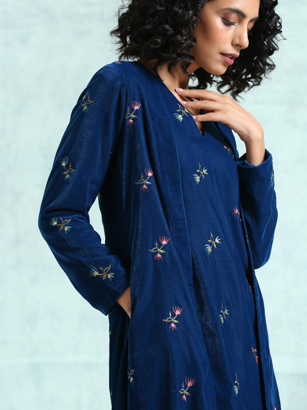 trueBrowns Blue Embroidered Velvet Overlay Jacket