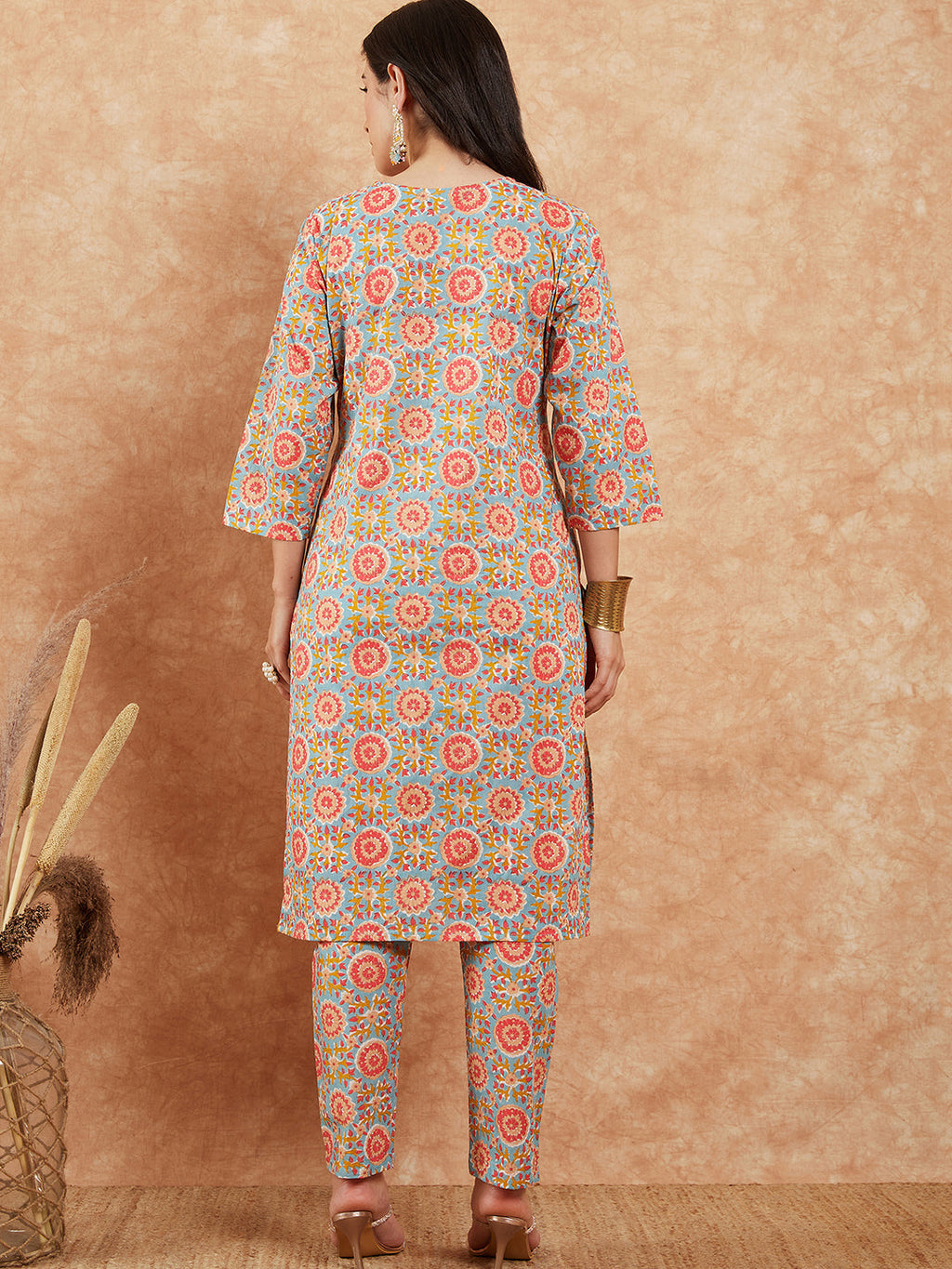 InWeave Women's Light Blue Floral Jaal Gota Work Straight Kurta Pant Set