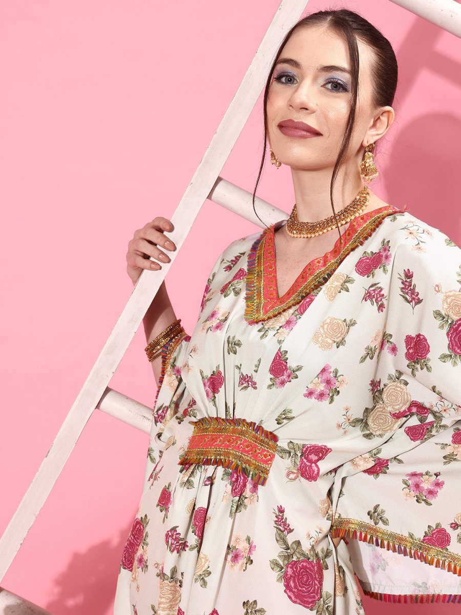 Ahalyaa Women Floral Printed Flared Sleeves Thread Work Crepe Kaftan Kurta