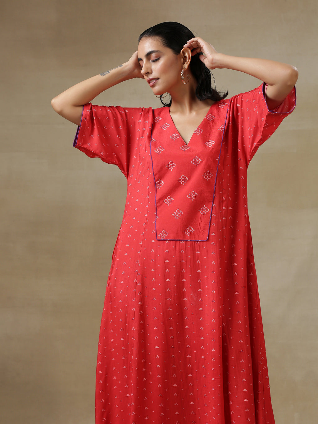 trueBrowns Red Bandhani Printed Silk Long Kurta Pant Set