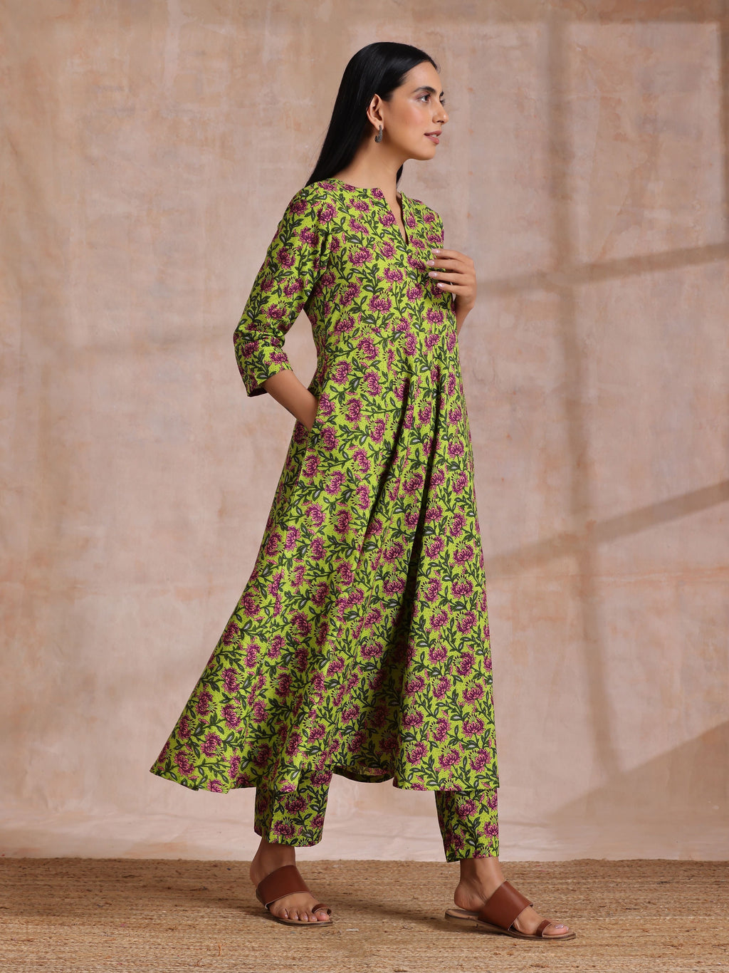 trueBrowns Lime Green Overall Pink Floral Block Print Cotton Flared Kurta Pant Set