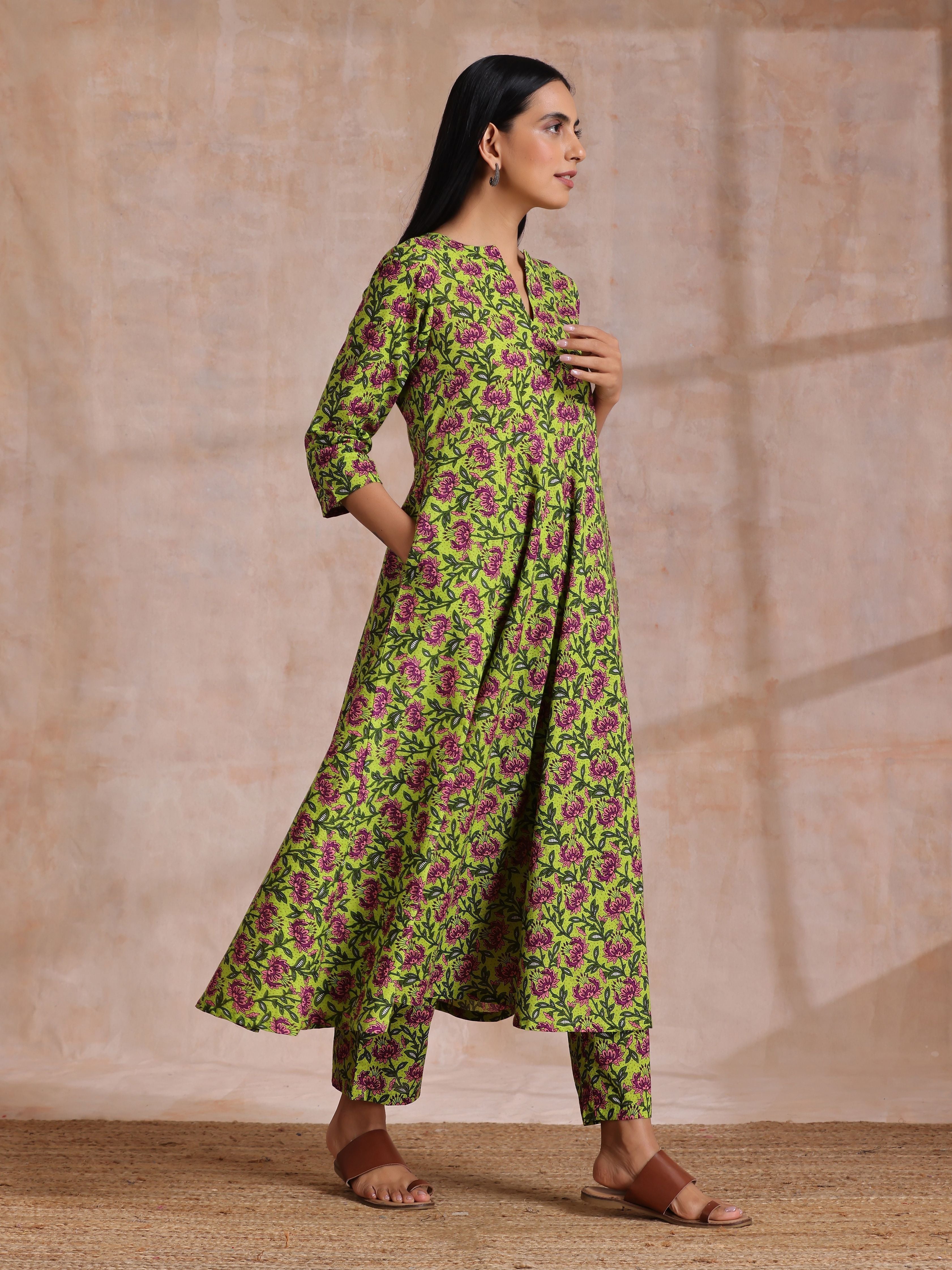 trueBrowns Lime Green Overall Pink Floral Block Print Cotton Flared Kurta Pant Set