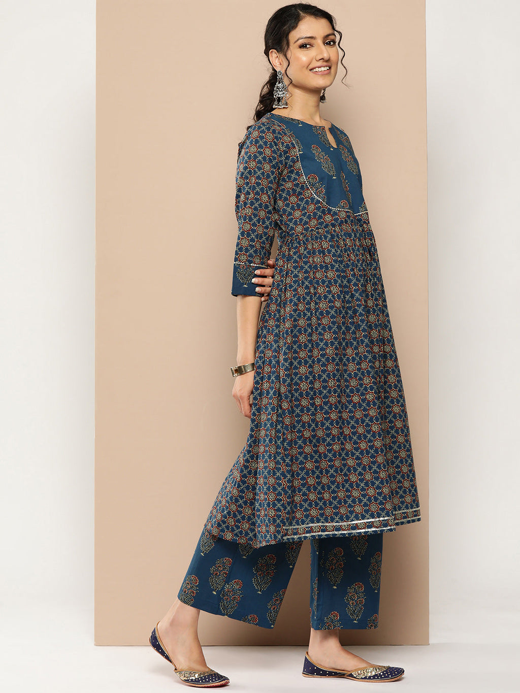 KSUT (House of Varanga) Blue And Rust Yoke Style Anarkali Paired With Printed Palazzo And Ombre Dupatta