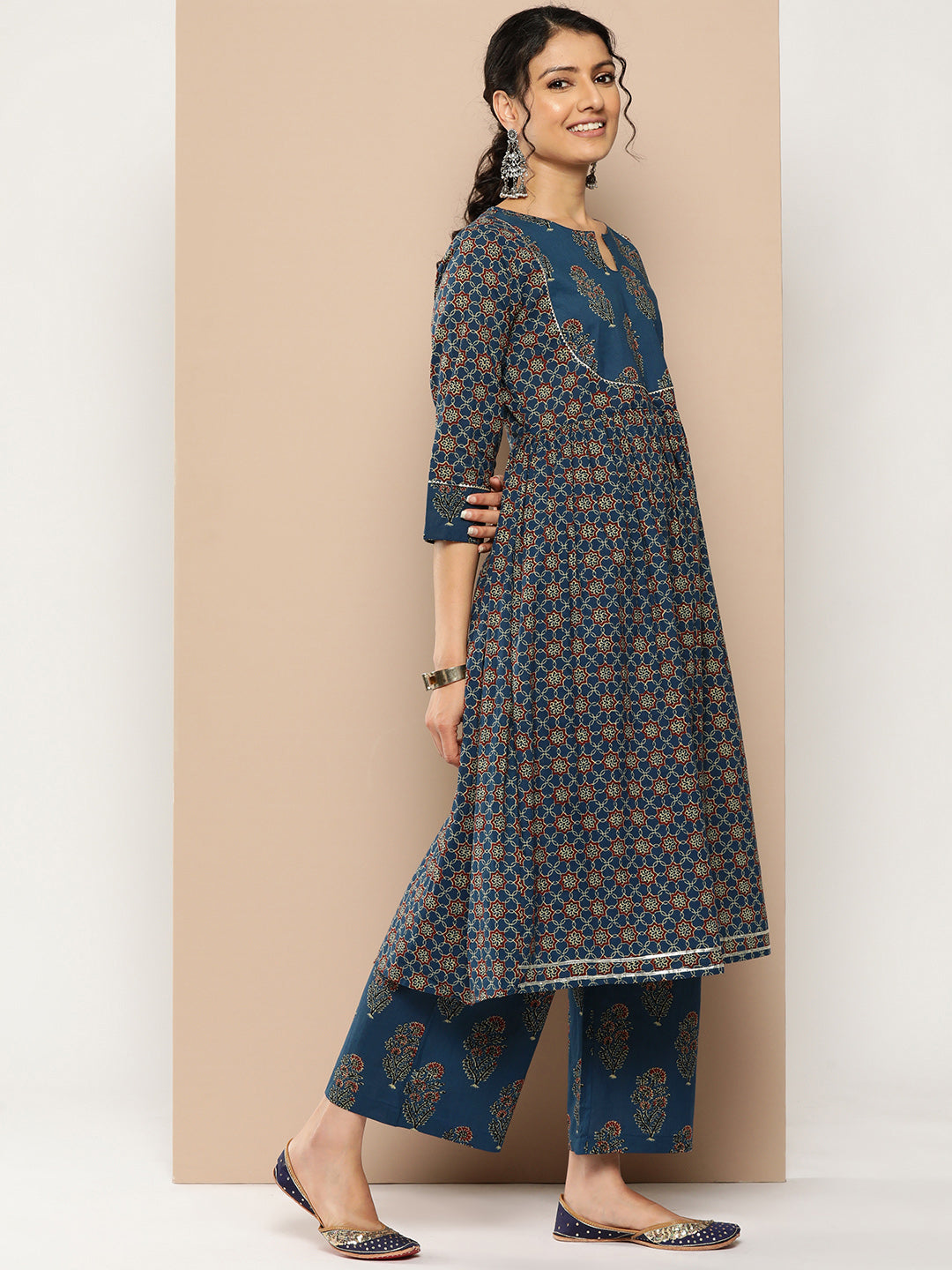 KSUT (House of Varanga) Blue And Rust Yoke Style Anarkali Paired With Printed Palazzo And Ombre Dupatta
