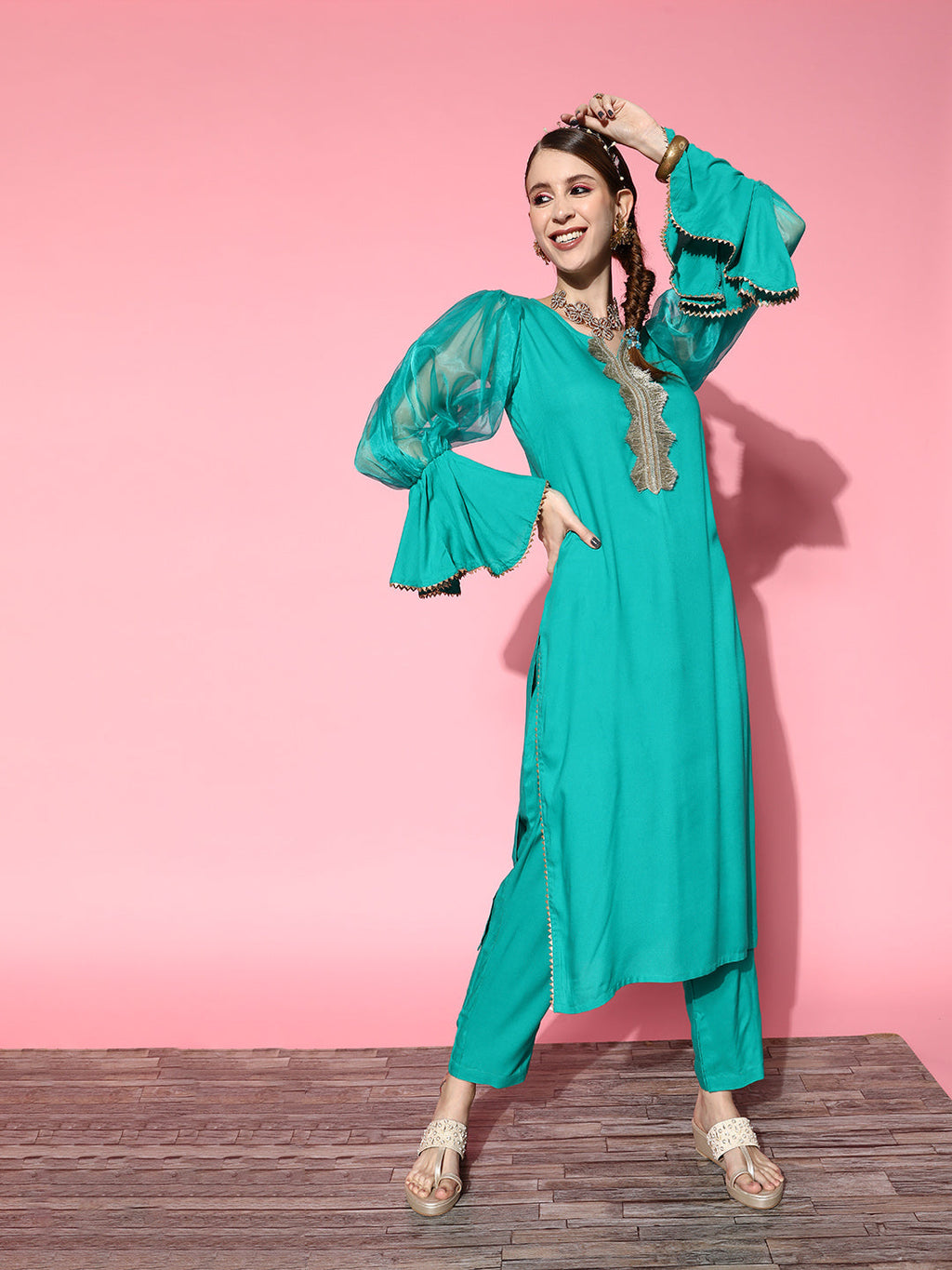 InWeave Women's Aqua Organza Sleeve Gota Work Kurta Set