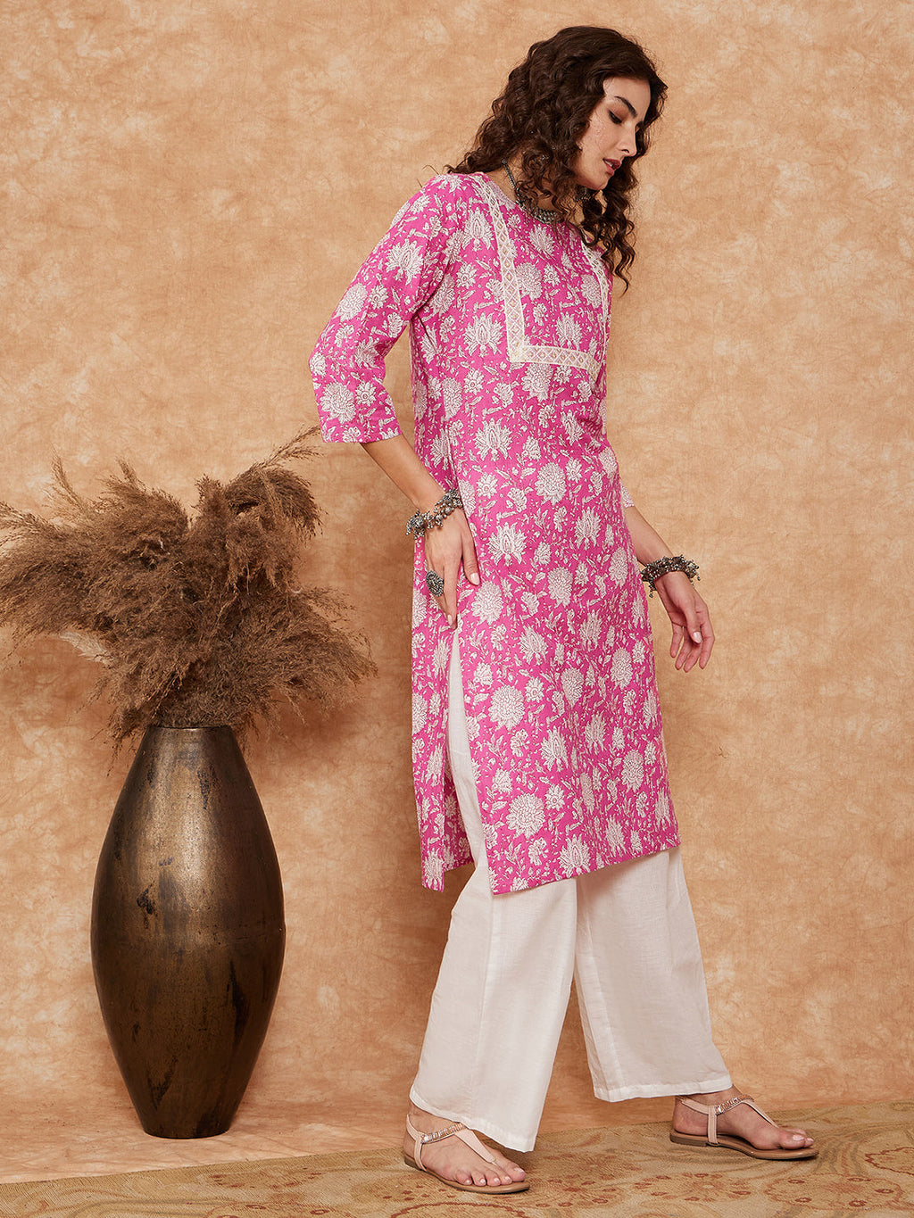 InWeave Women's Pink White Floral Square Lace Work Straight Kurta