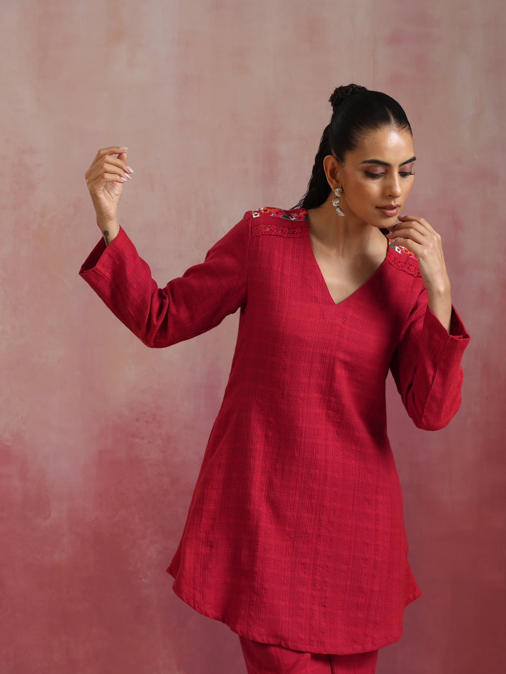 trueBrowns Red Cotton Dobby Kurta Co-ord set