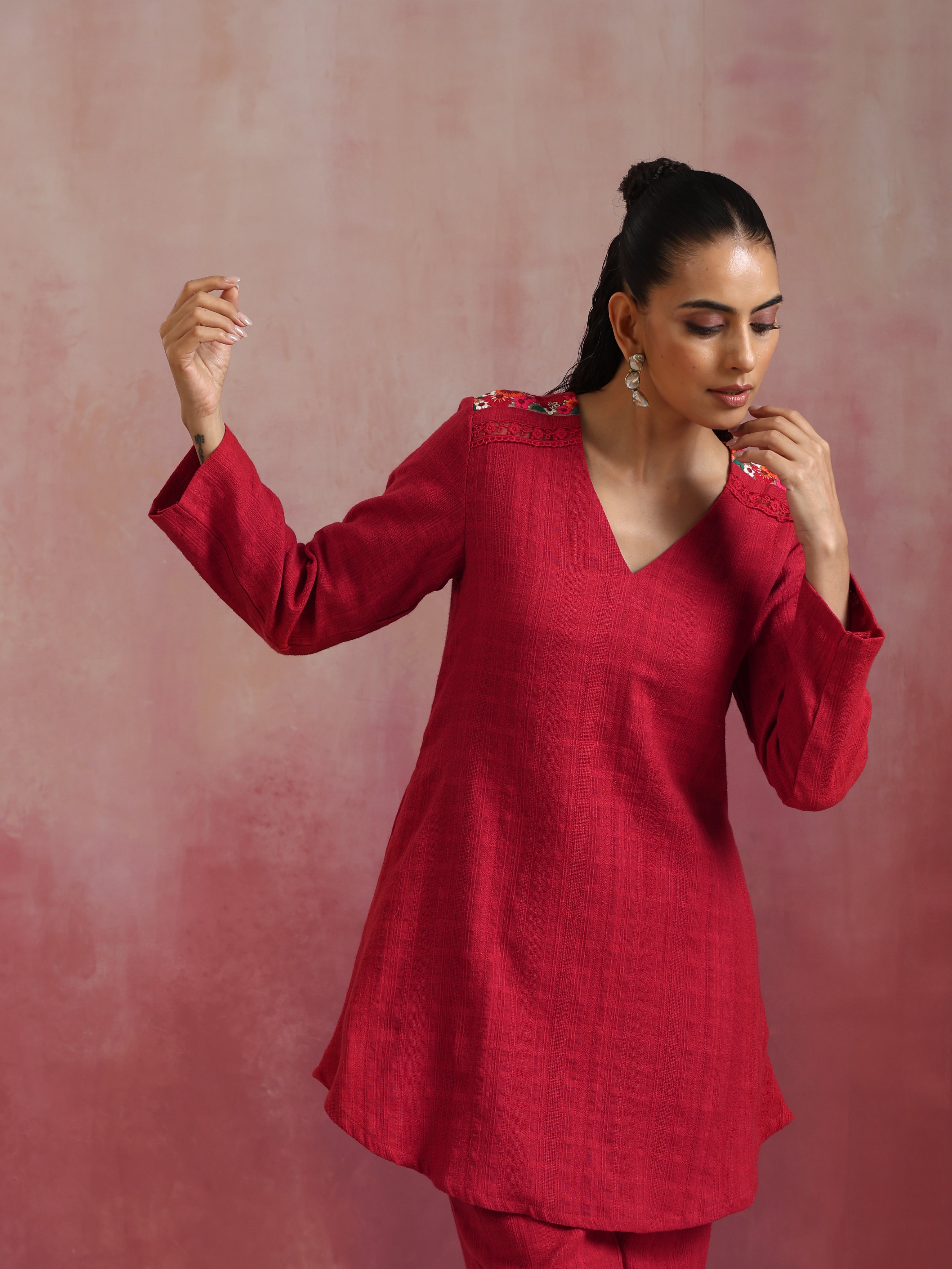 trueBrowns Red Cotton Dobby Kurta Co-ord set