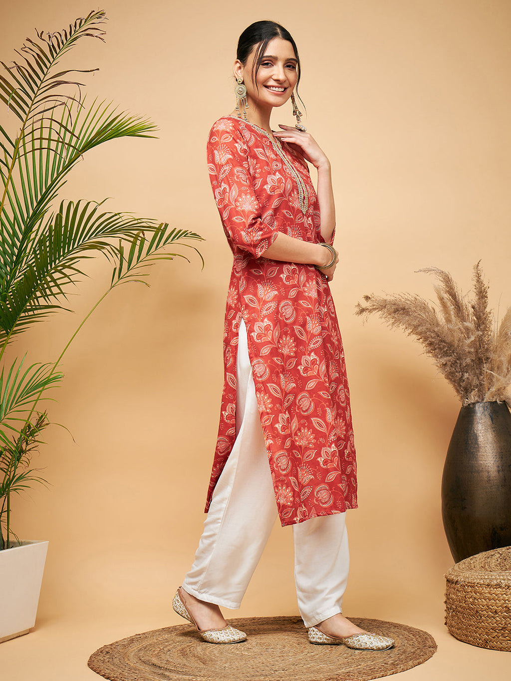 InWeave Women's Rust Paisley Print Gota Straight Kurta