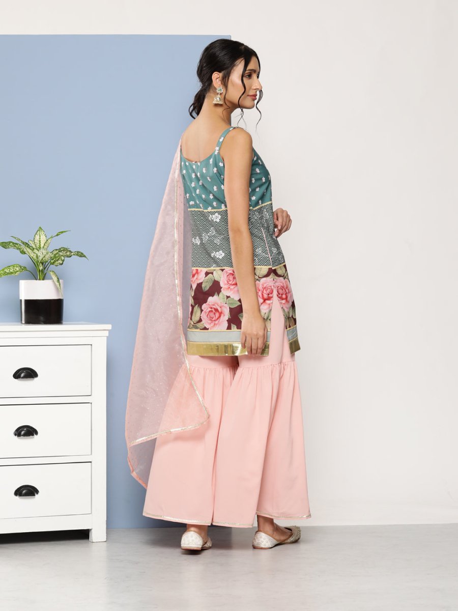 Ahalyaa Women Green Floral Printed Gotta Patti Kurta with Sharara & With Dupatta