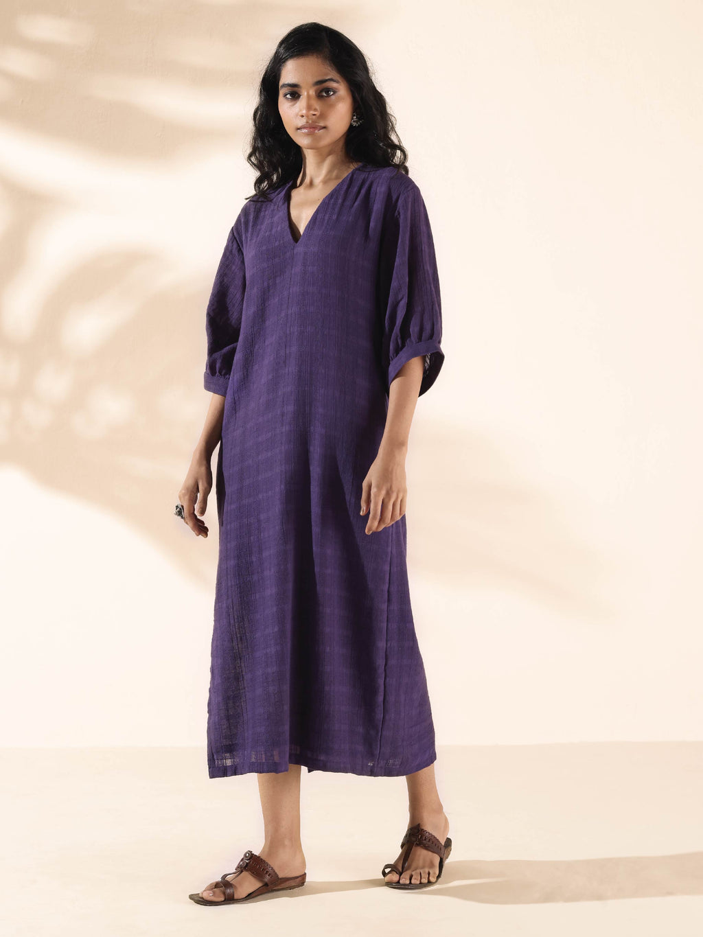 trueBrowns Purple Cotton Dobby Slit Dress