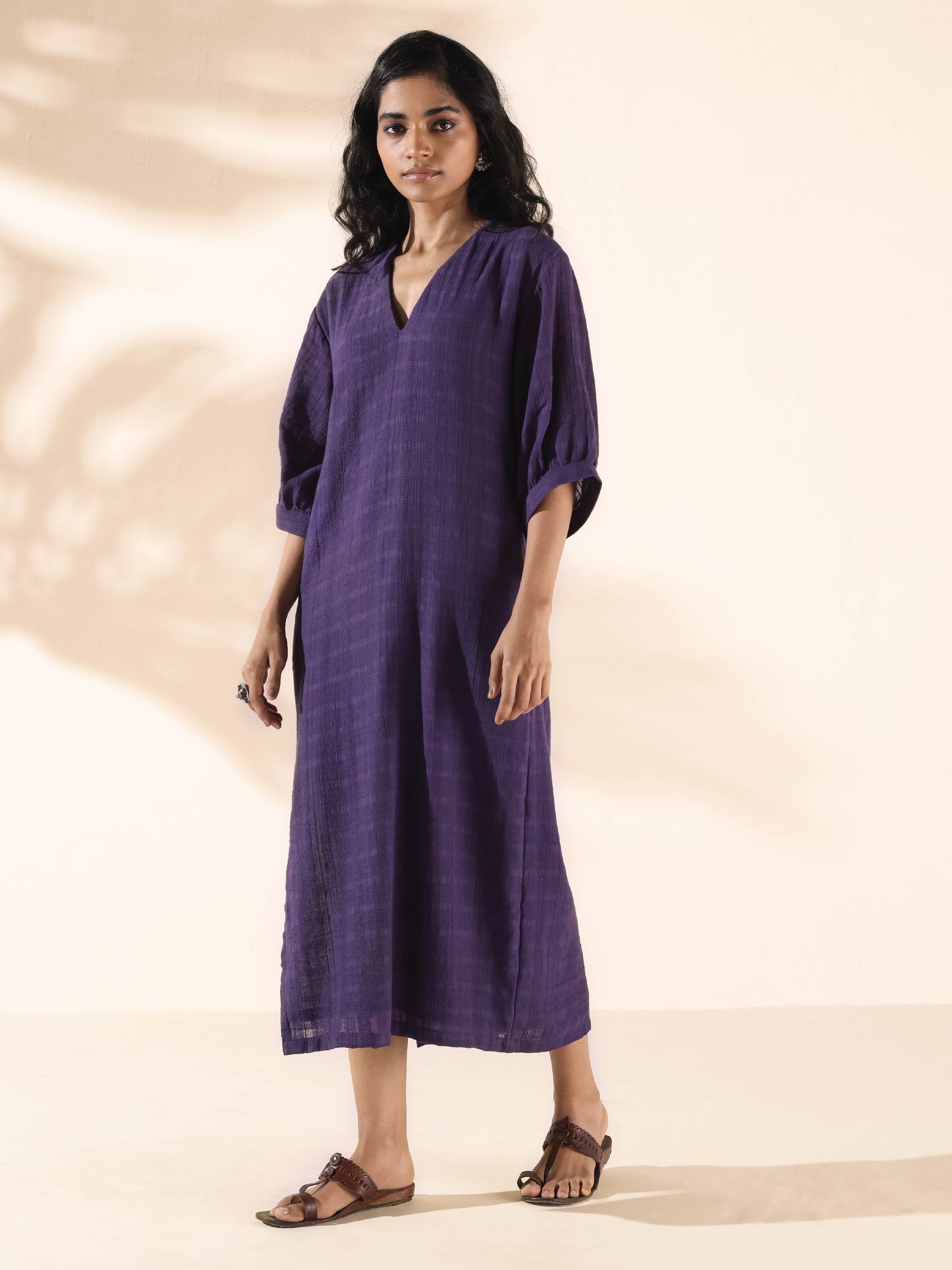 trueBrowns Purple Cotton Dobby Slit Dress