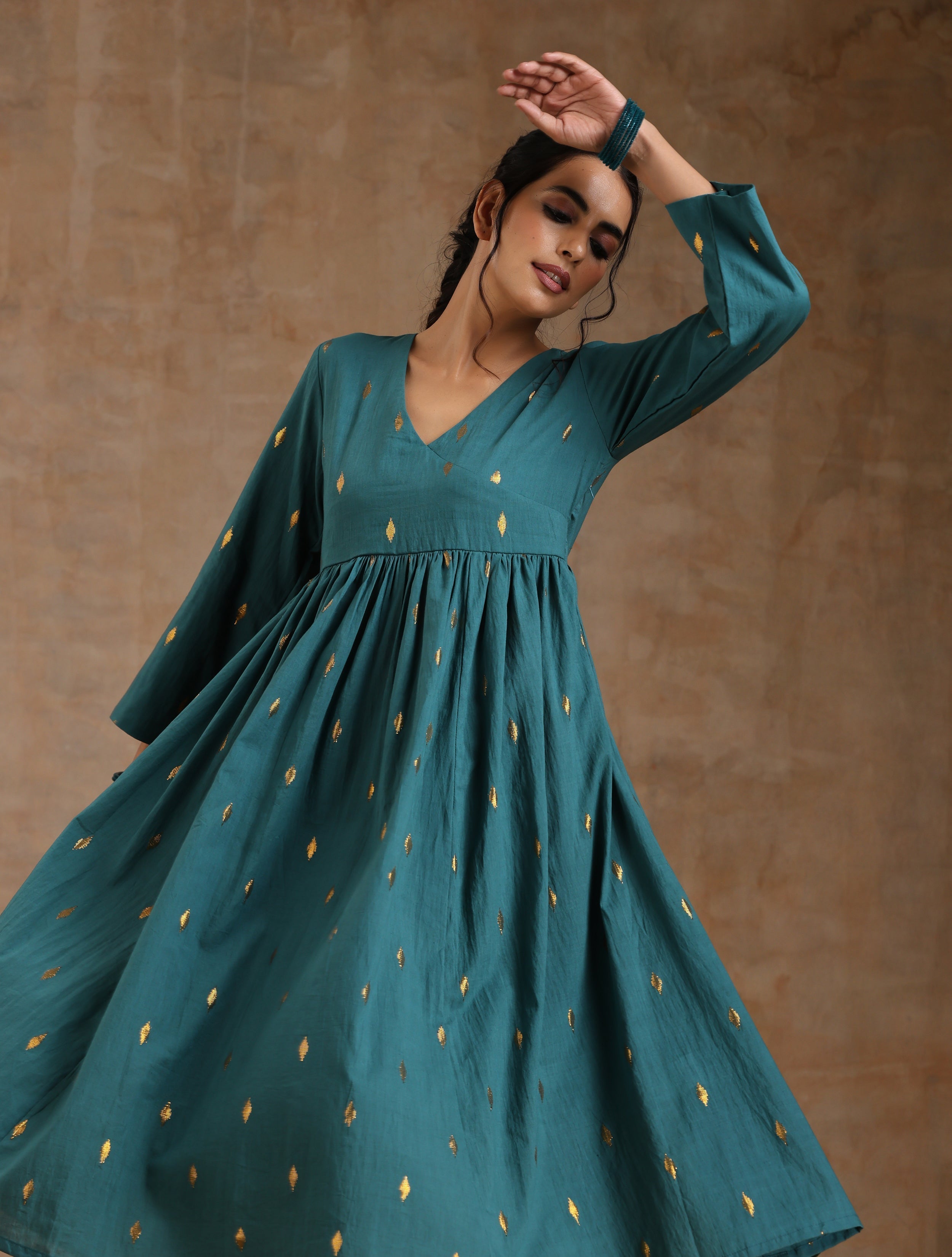 trueBrowns Deep Sea Gold Cotton Kalidar Kurta Set