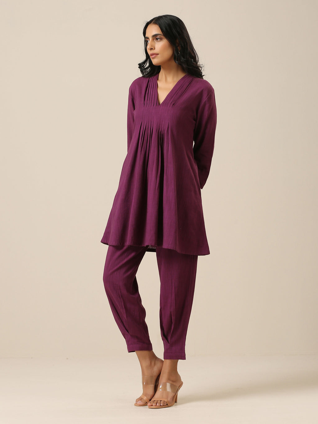 trueBrowns Plum Purple Slub Texture Pleated Co-Ord Set