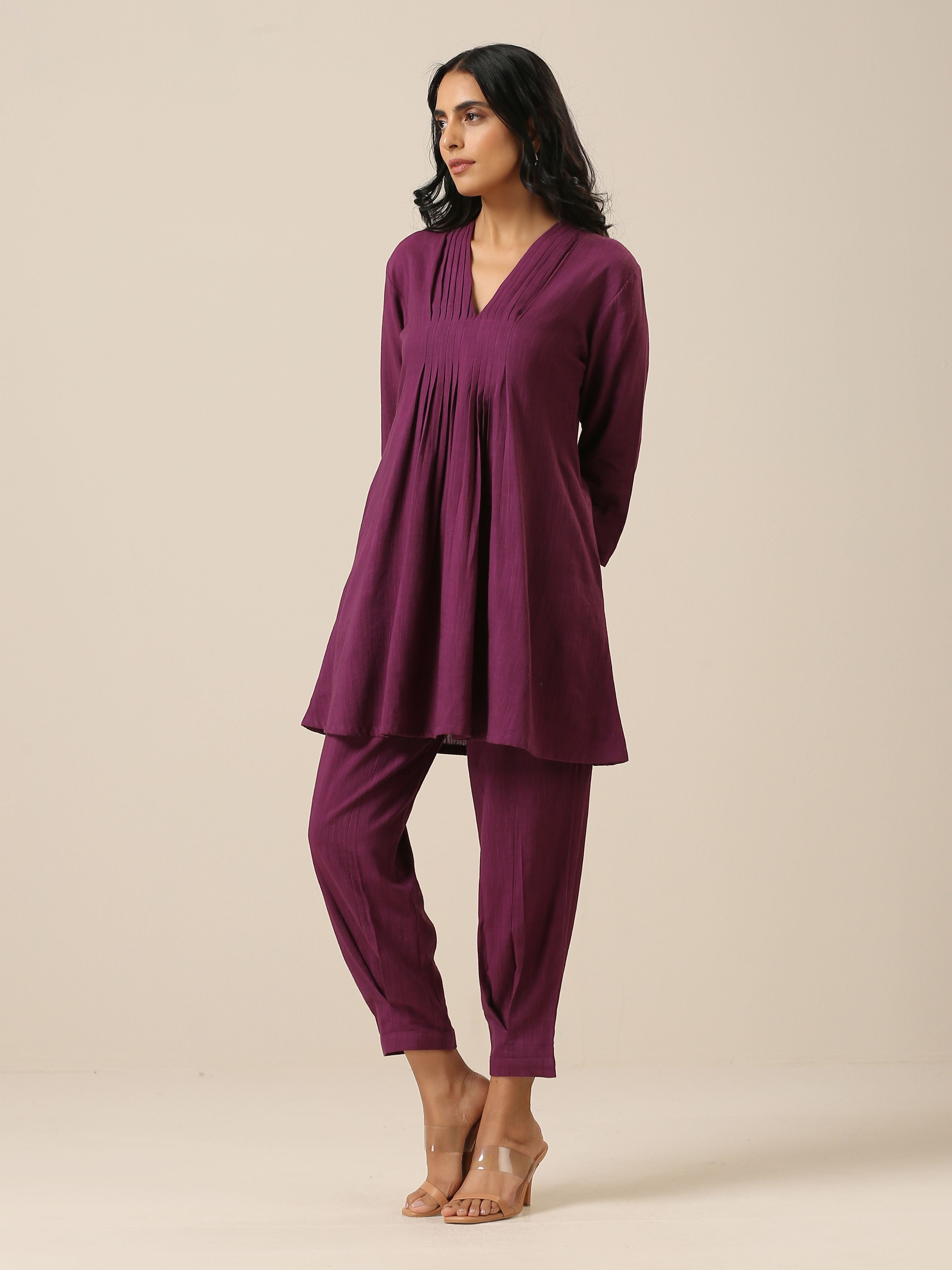 trueBrowns Plum Purple Slub Texture Pleated Co-Ord Set