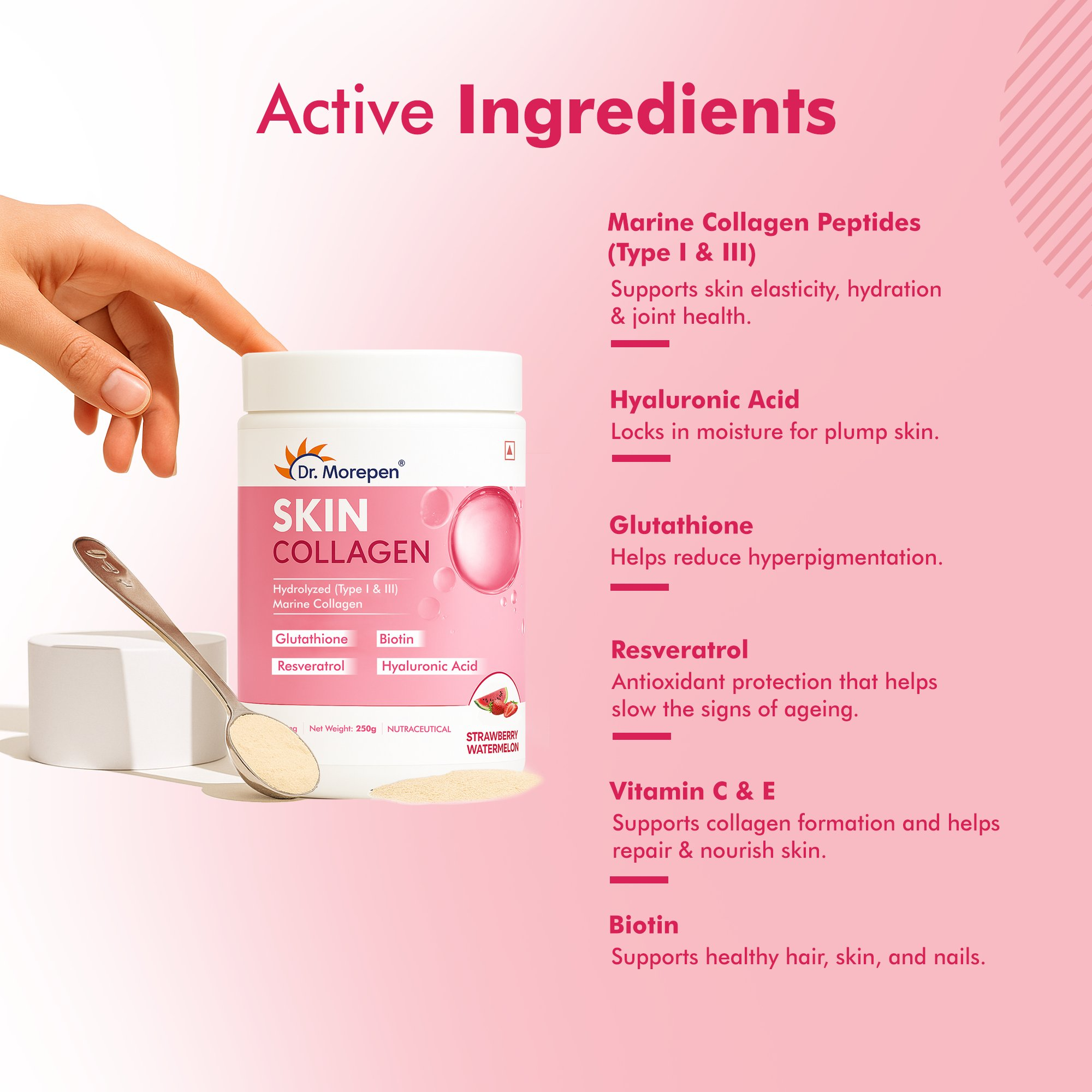 DR. Morepen Skin Collagen Powder with Glutathione, Hyaluronic Acid, Resveratrol &amp; Biotin Strawberry Watermelon Flavour