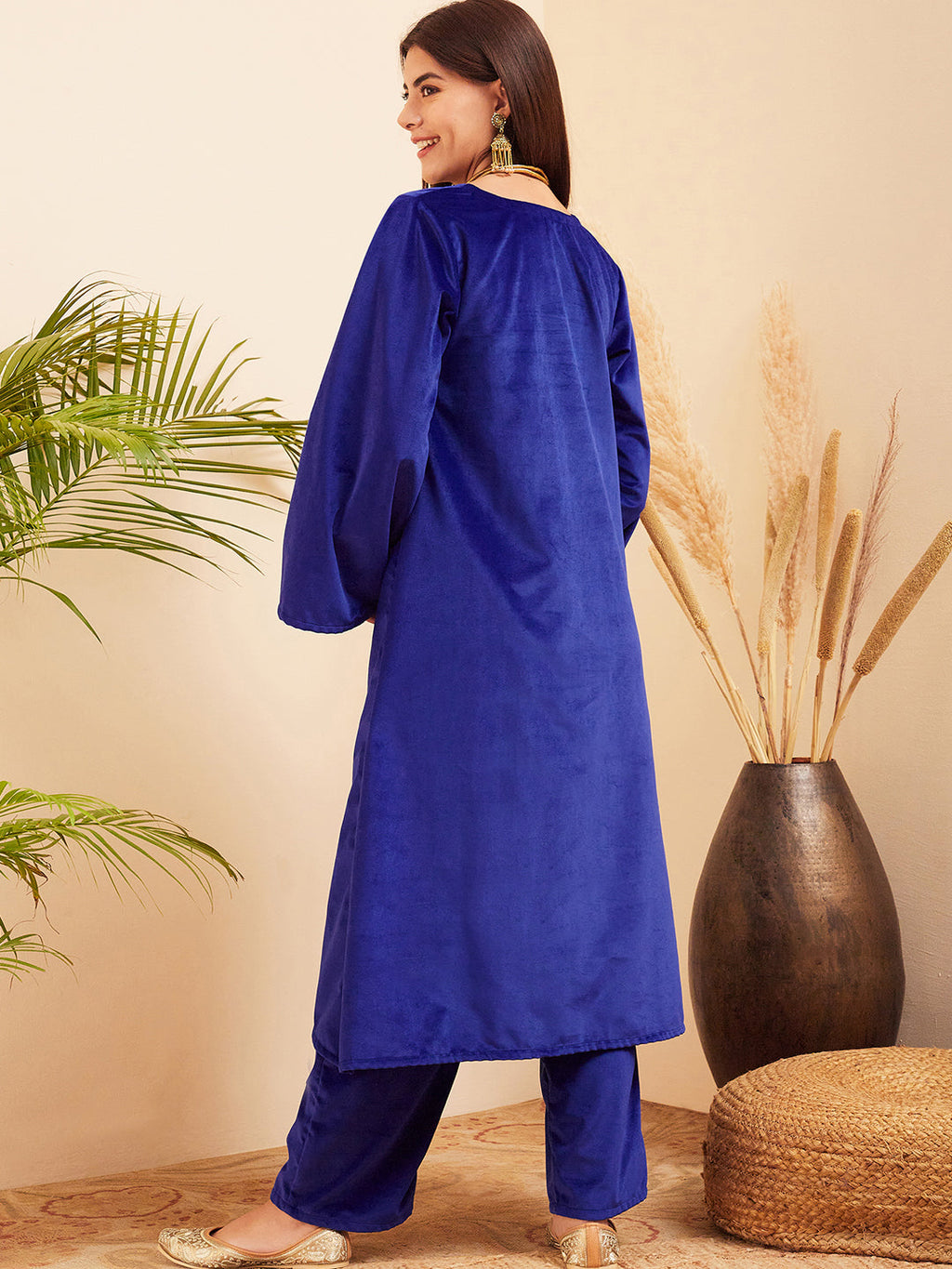 InWeave Women's Royal Blue V Neck Asymmetrical Pleated Velvet Kurta Set
