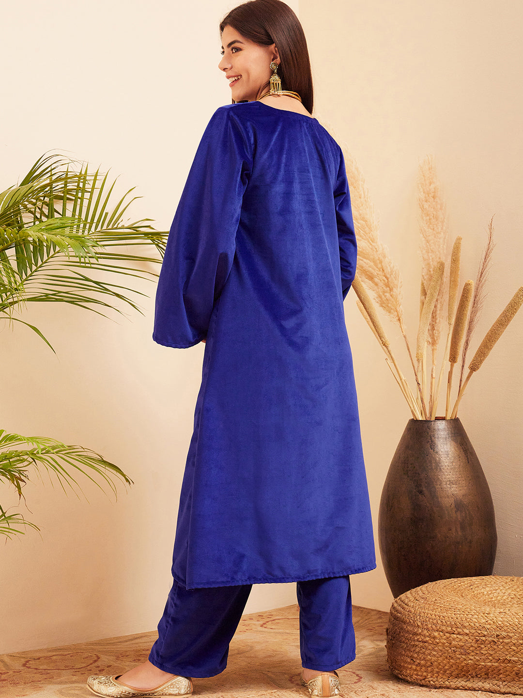 InWeave Women's Royal Blue V Neck Asymmetrical Pleated Velvet Kurta Set