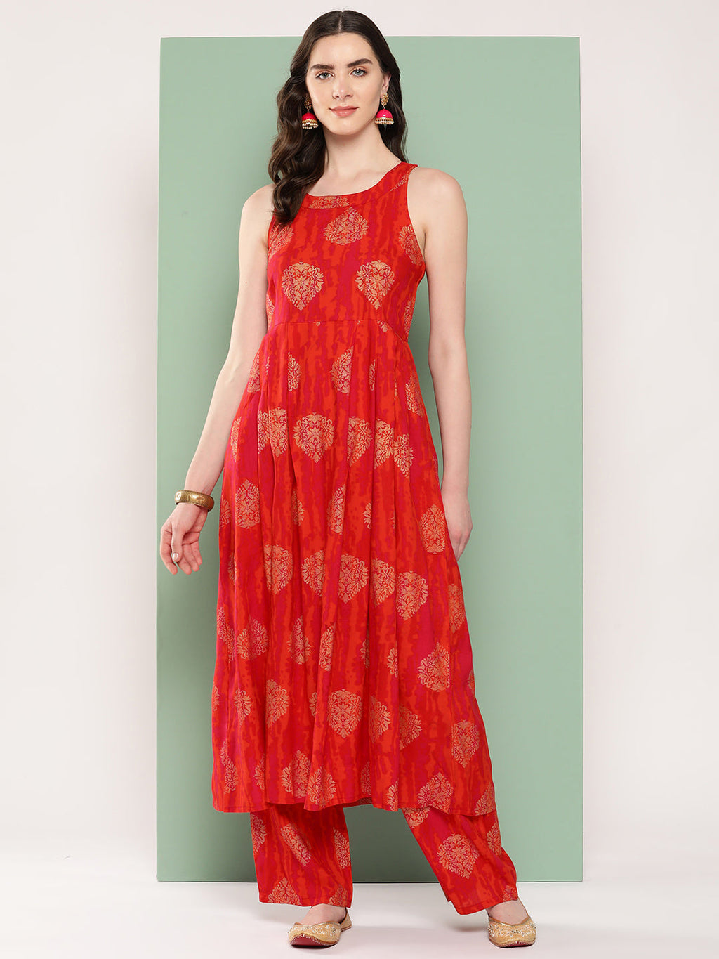 InWeave Women's Rust Mughal Print Raisa Back Detial Long Coords Set