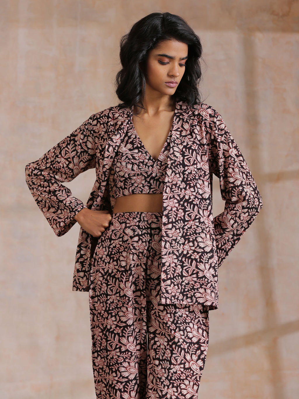 trueBrowns Black Floral Overall Bagru Print Cotton Pant Suit Set