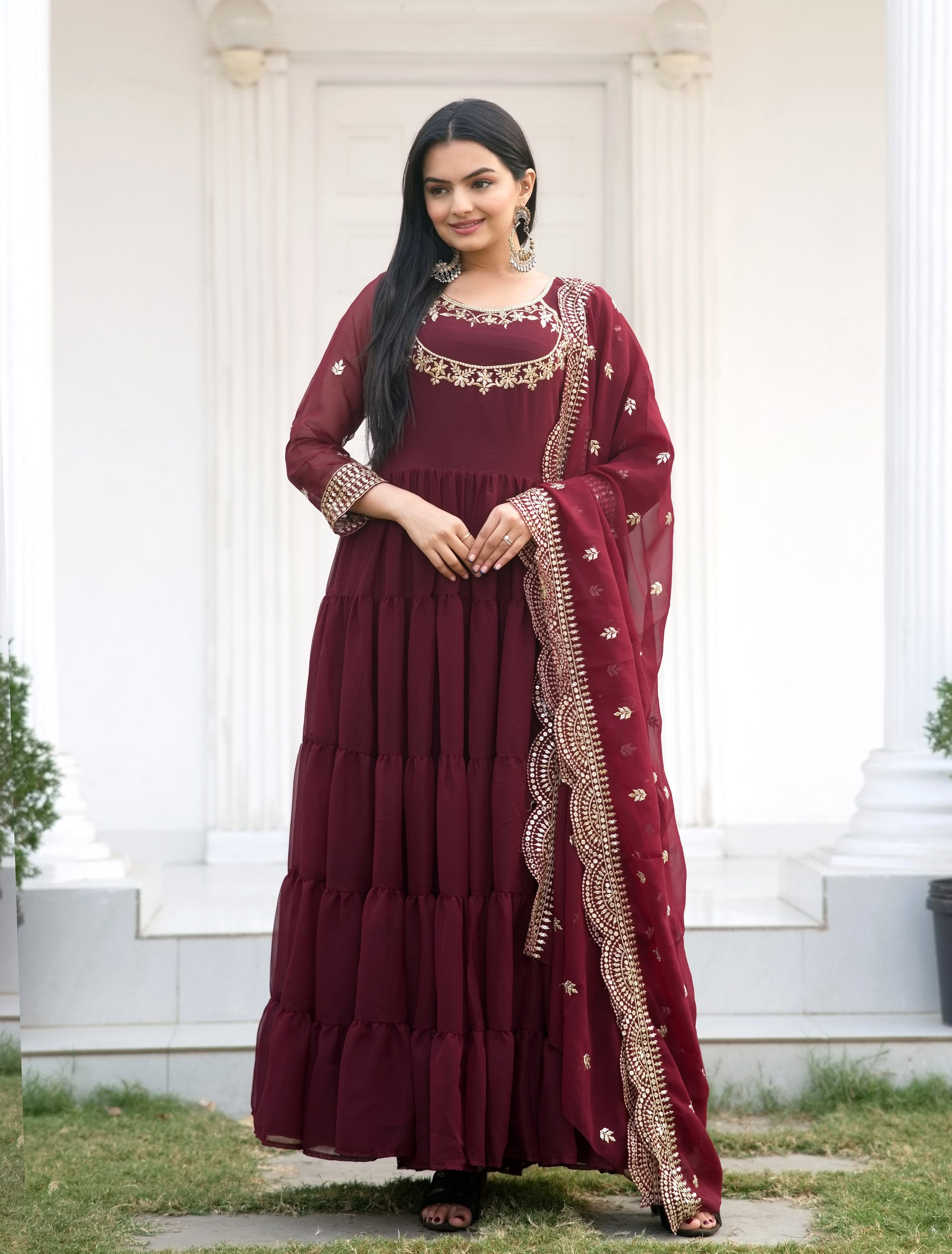 Teeya Creation MAroon Color Faux Georgette Heavy Embroidery Work Fully Stitched Gown