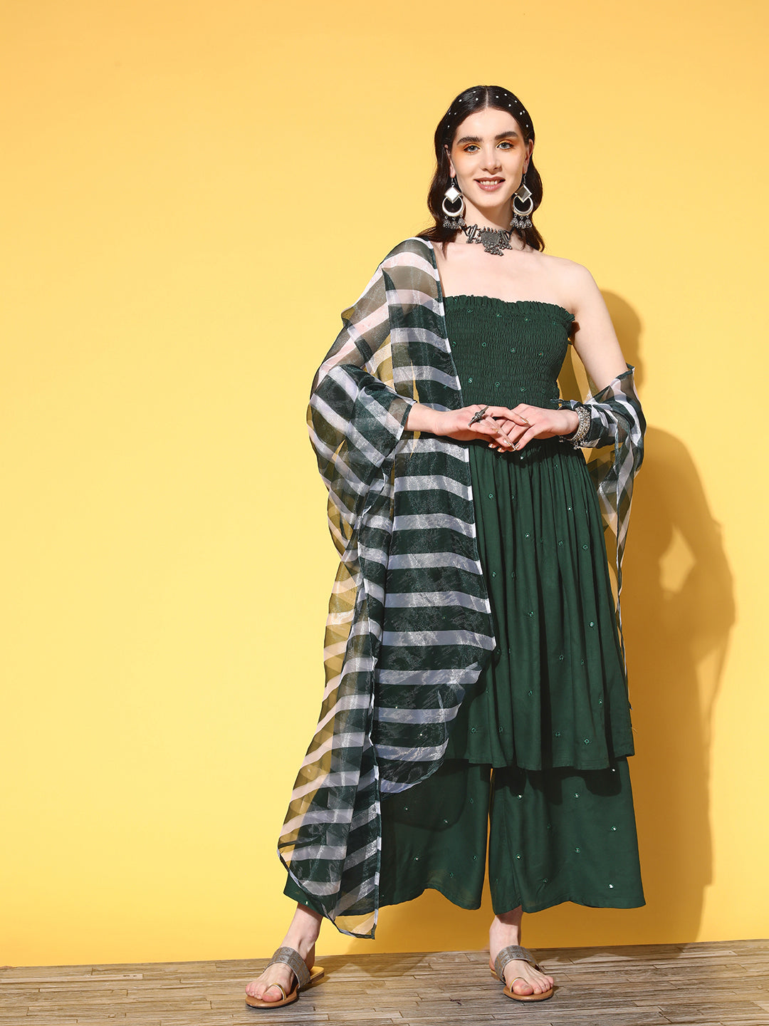 InWeave Women's Green Mirror Work Off Shoulder Kurta Set With Dupatta