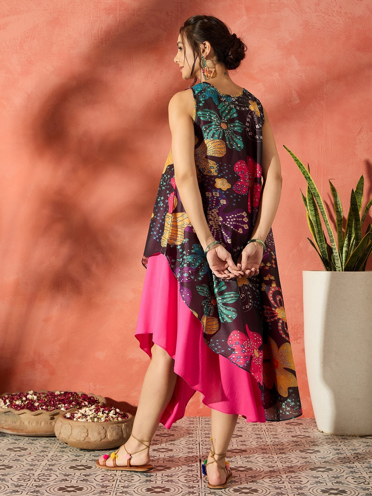 InWeave Black Floral Fuchsia Asymmetrical Dress