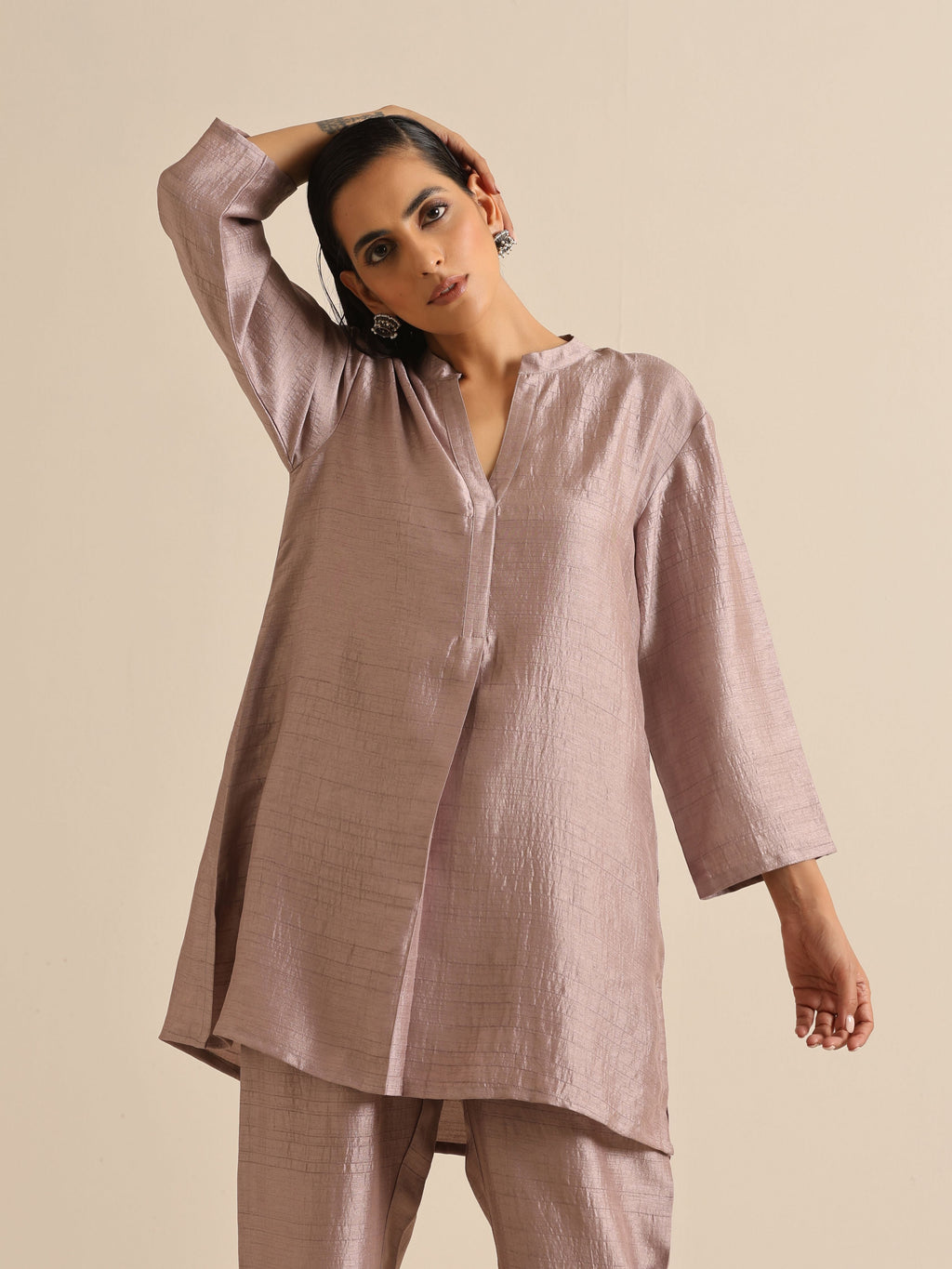 trueBrowns Grey Silk Texture Relaxed Co-Ord Set