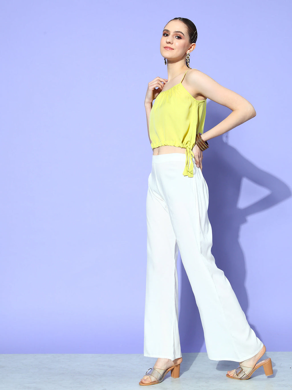 InWeave Women's Camel Brown Cream Pant Coord Set With Lime Green Crop Top